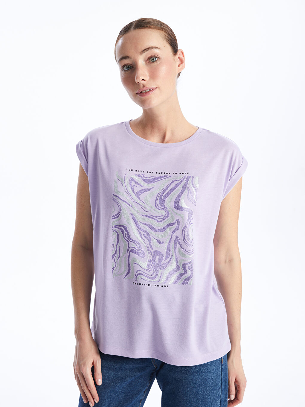Lila Bisiklet Yaka Baskılı Kısa Kollu Kadın Tişört