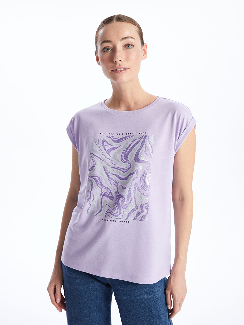 Lila Bisiklet Yaka Baskılı Kısa Kollu Kadın Tişört-1