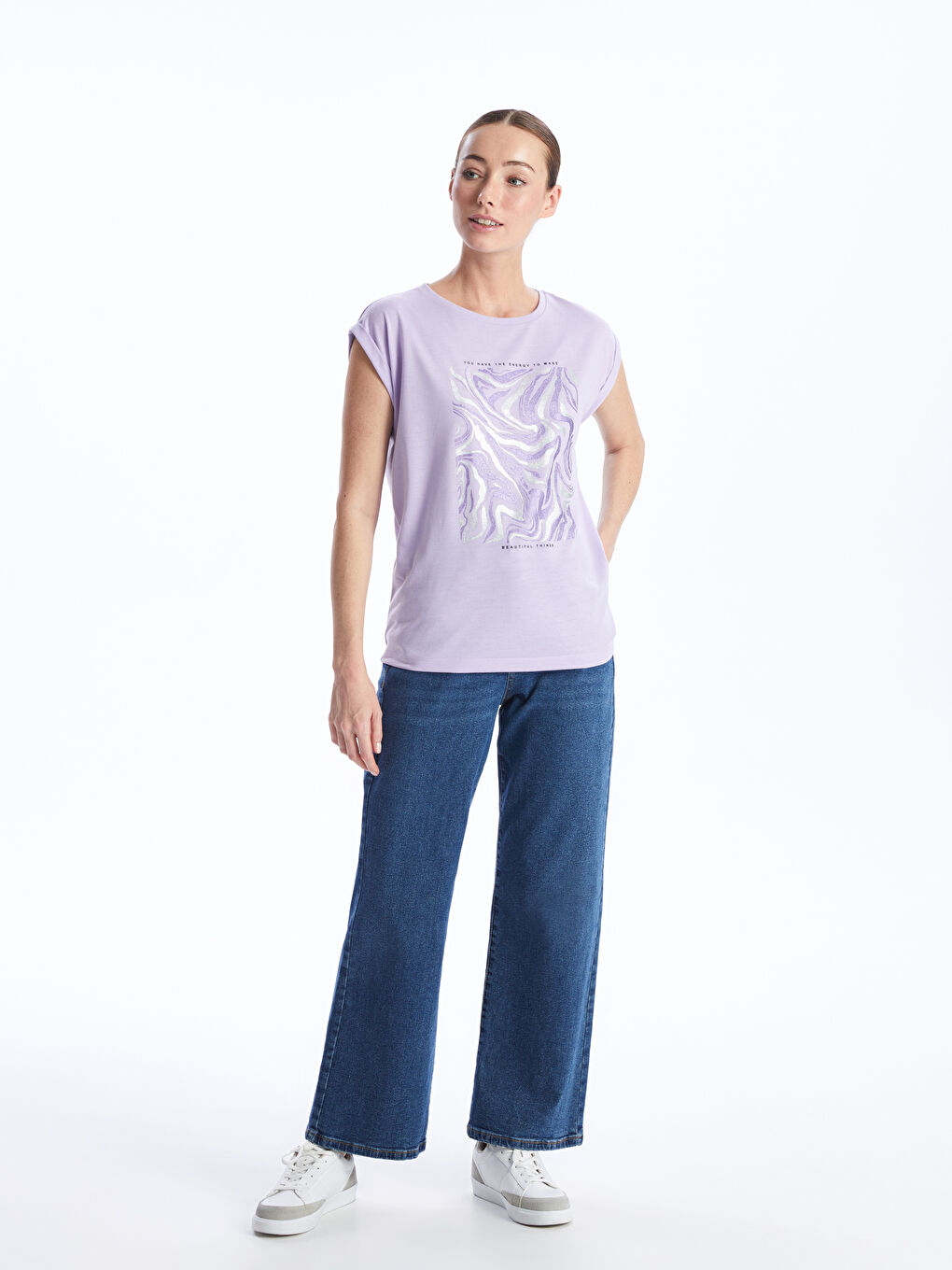 Lila Bisiklet Yaka Baskılı Kısa Kollu Kadın Tişört-2