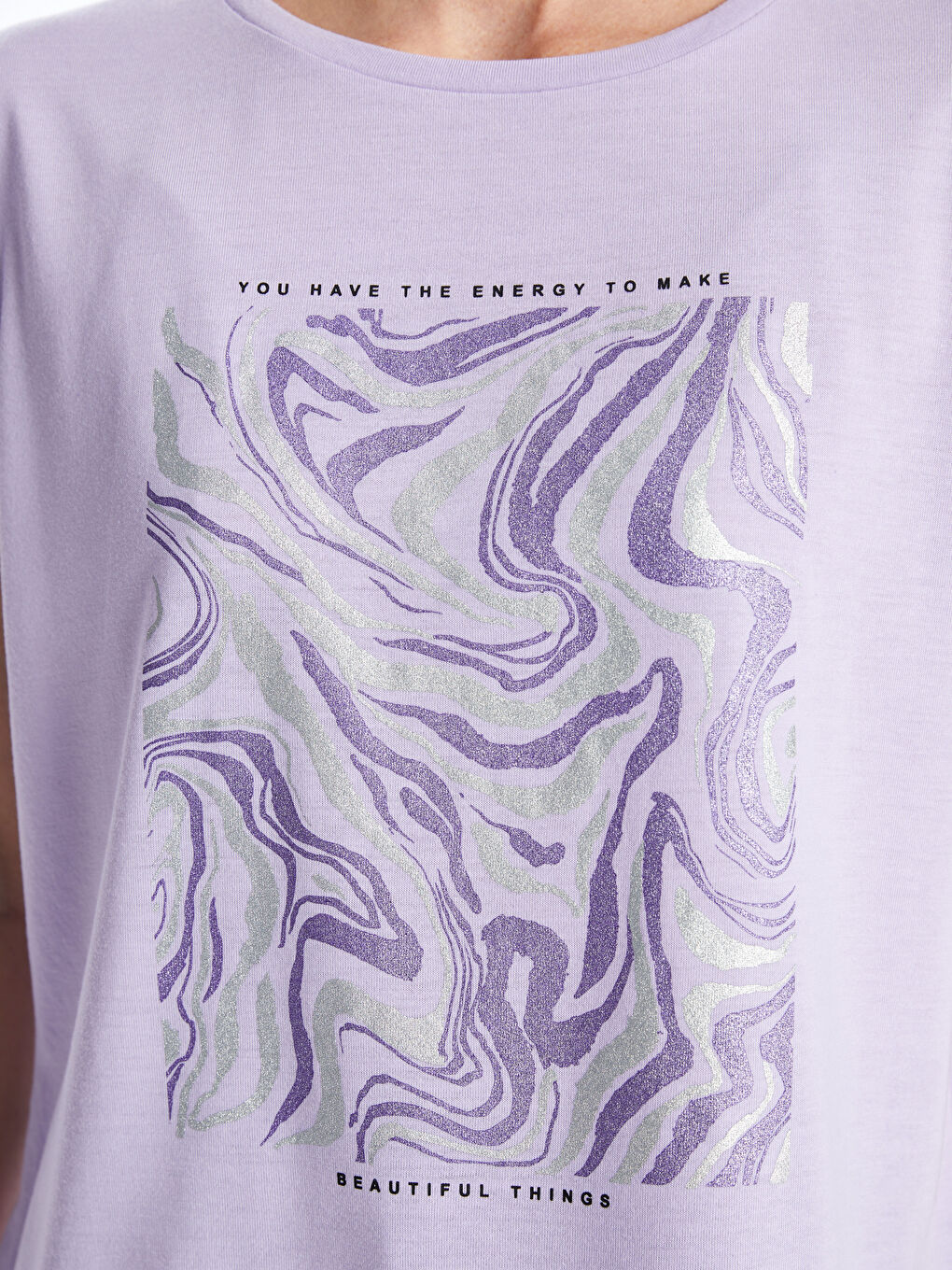 Lila Bisiklet Yaka Baskılı Kısa Kollu Kadın Tişört-3