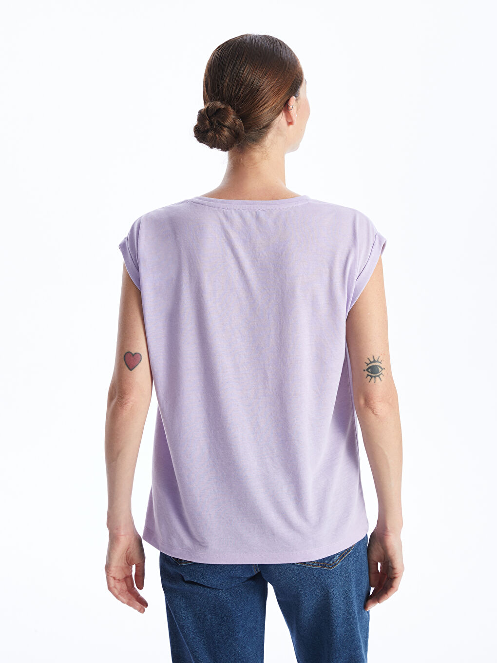 Lila Bisiklet Yaka Baskılı Kısa Kollu Kadın Tişört-4