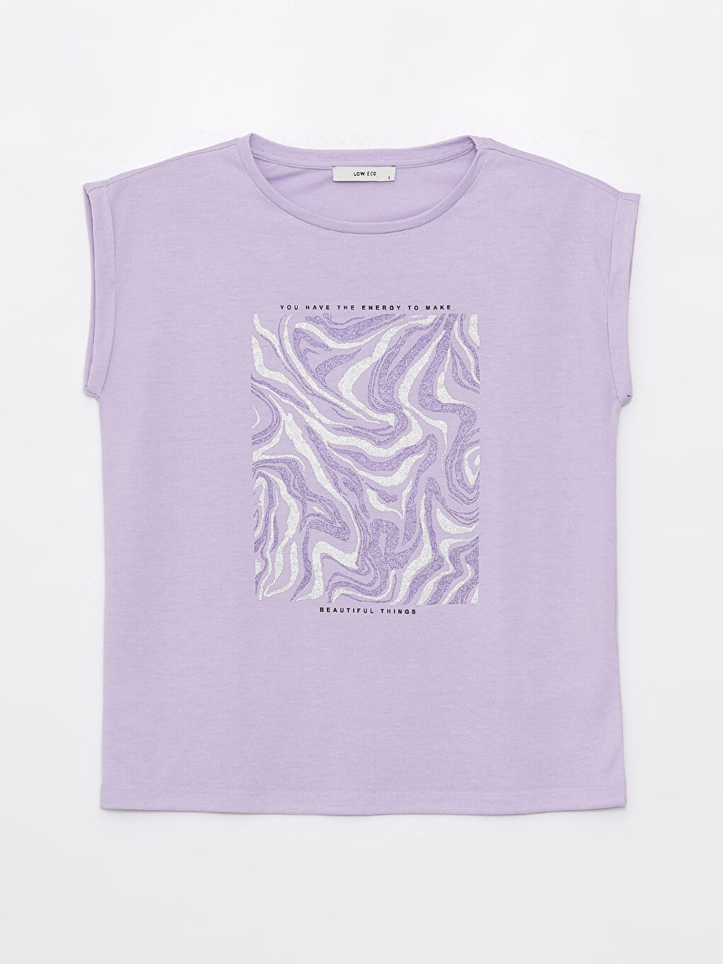 Lila Bisiklet Yaka Baskılı Kısa Kollu Kadın Tişört-5