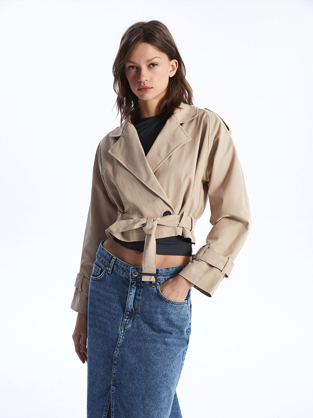 Bej Ceket Yaka Oversize Kadın Trençkot-3