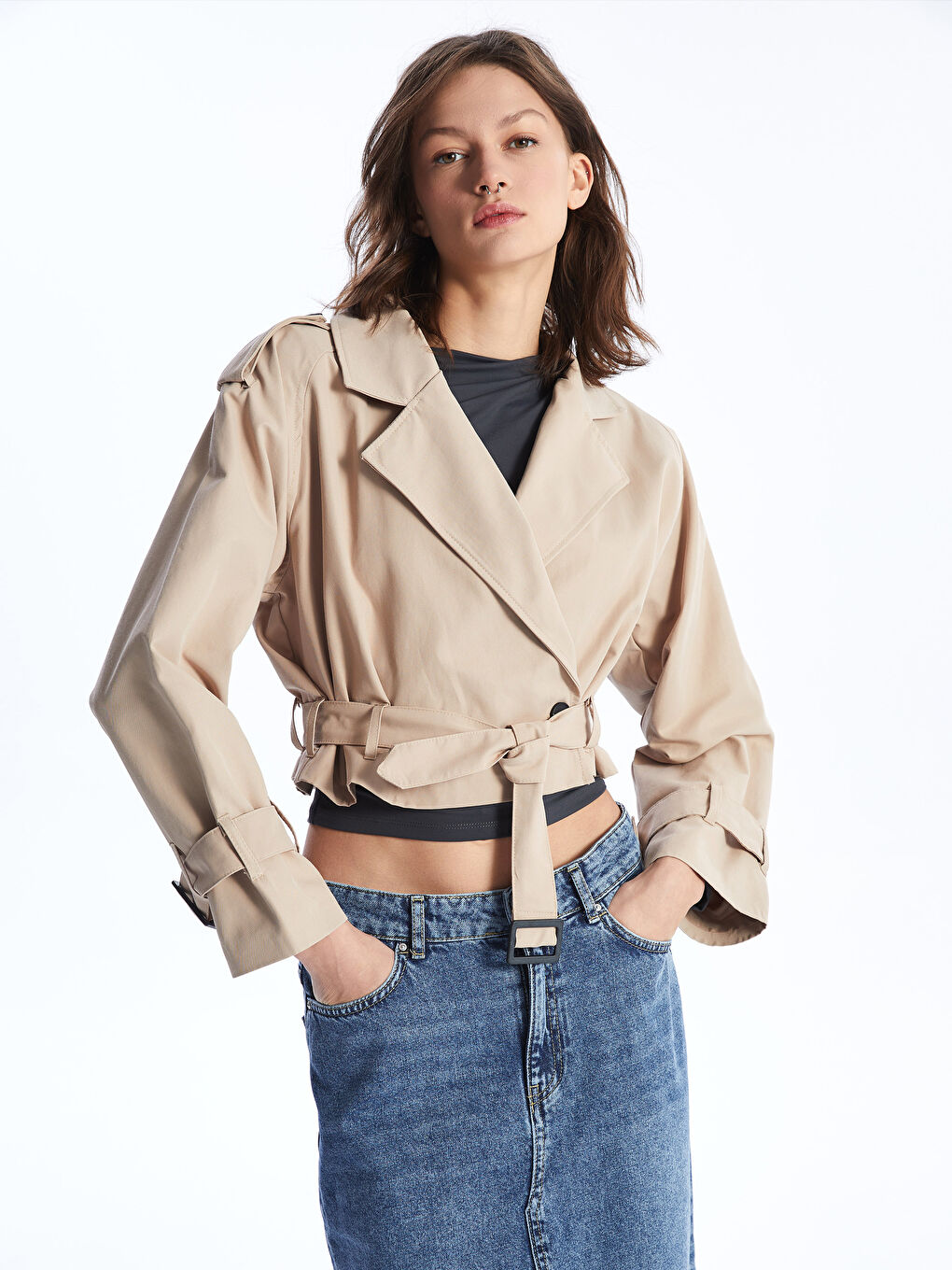 Bej Ceket Yaka Oversize Kadın Trençkot-4