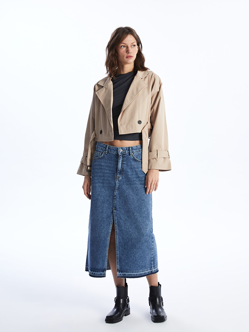 Bej Ceket Yaka Oversize Kadın Trençkot-5