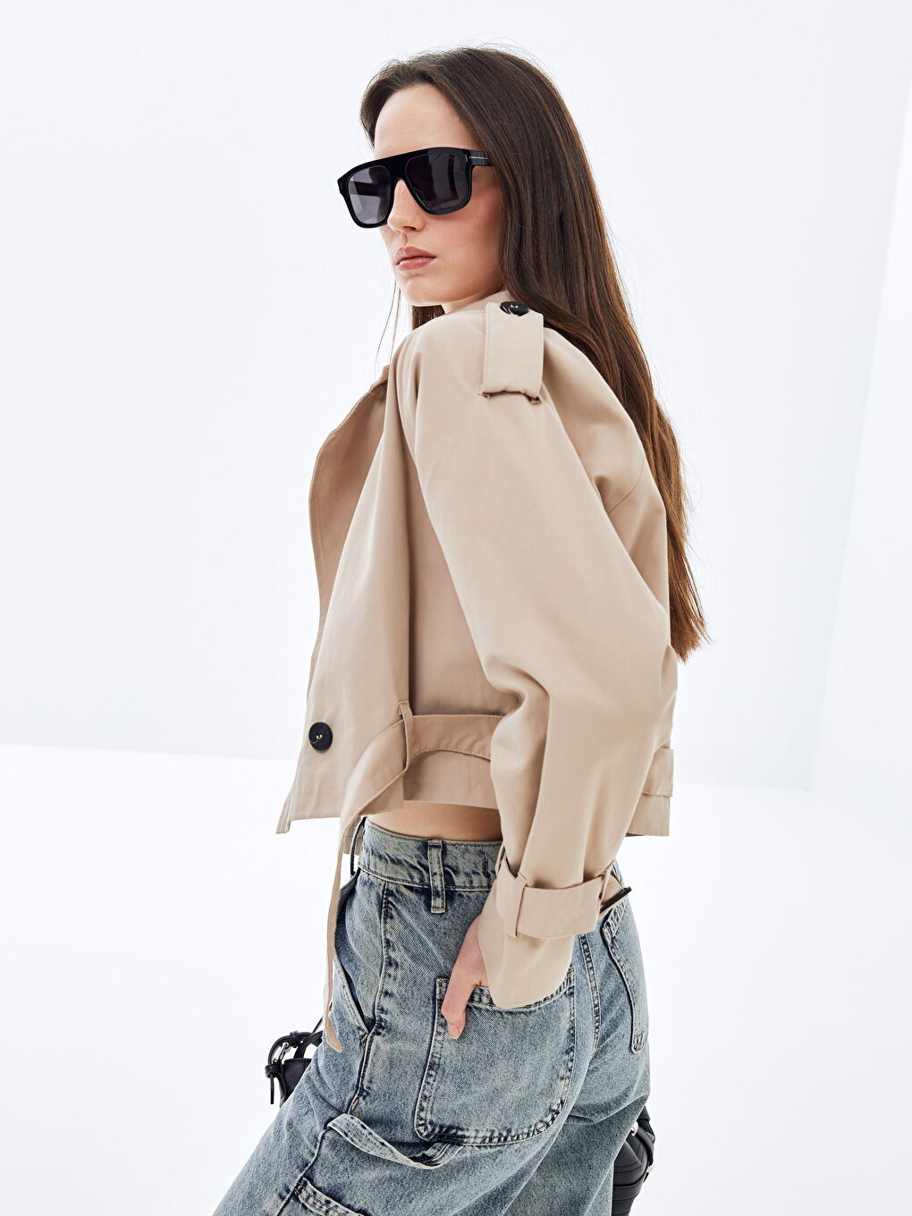 Bej Ceket Yaka Oversize Kadın Trençkot