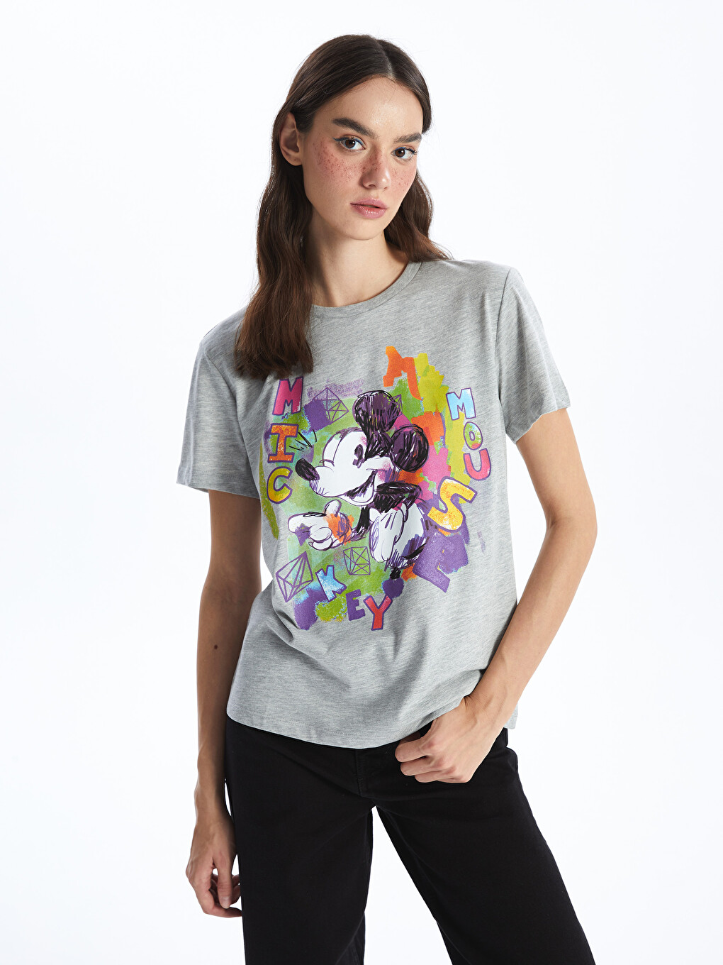 XSIDE Bisiklet Yaka Mickey Mouse Baskılı Kısa Kollu Kadın Tişört