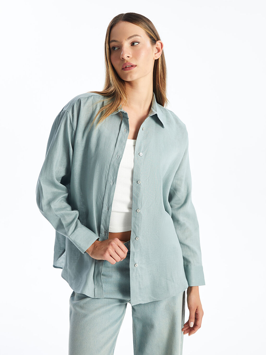 Straight Long Sleeve Oversize Linen Women's Shirt -S4IT66Z8-GDA