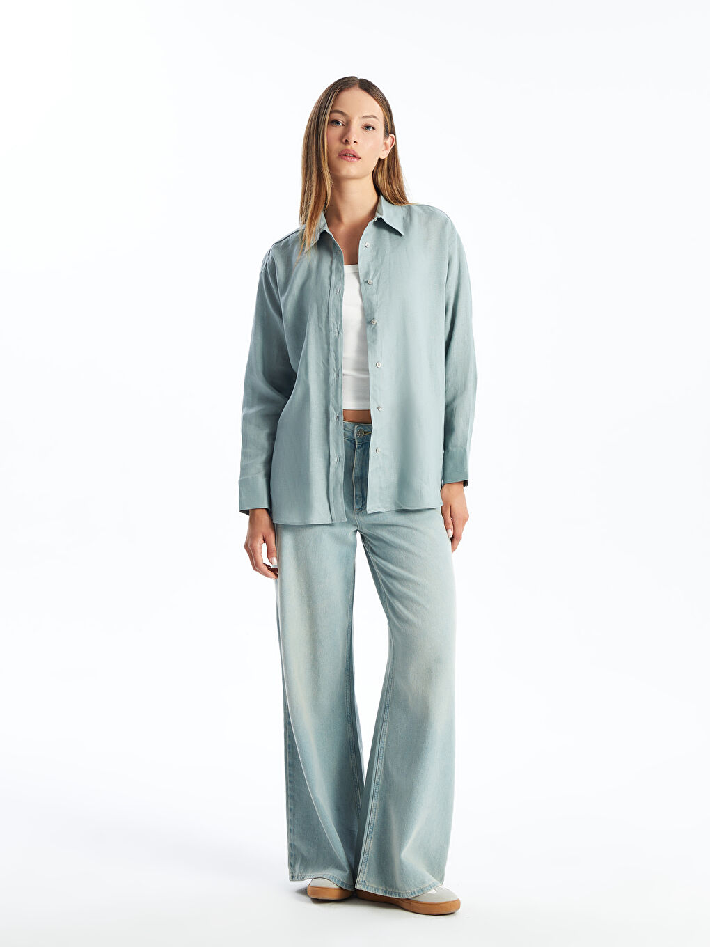 Straight Long Sleeve Oversize Linen Women's Shirt -S4IT66Z8-GDA