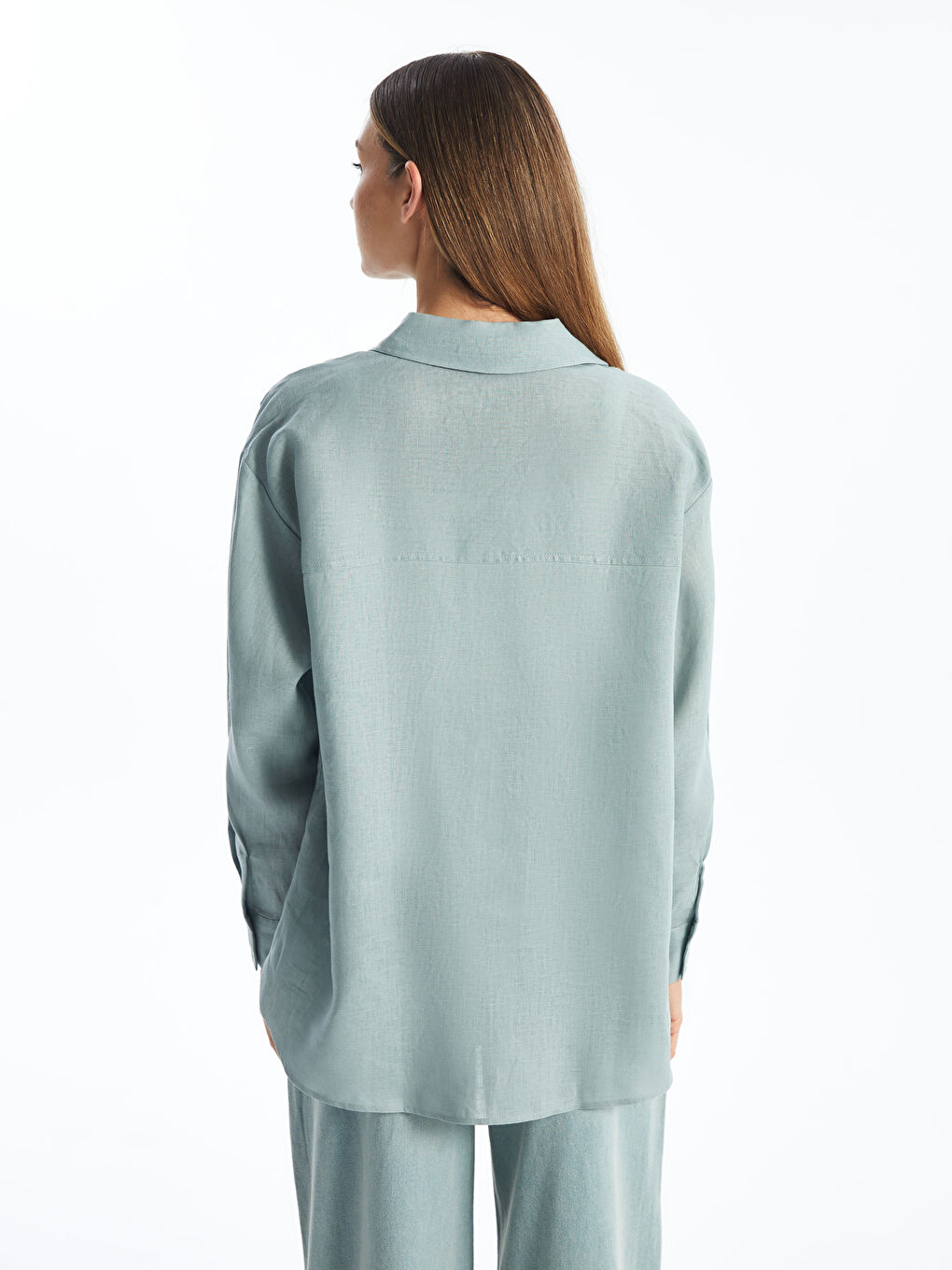 Straight Long Sleeve Oversize Linen Women's Shirt -S4IT66Z8-GDA