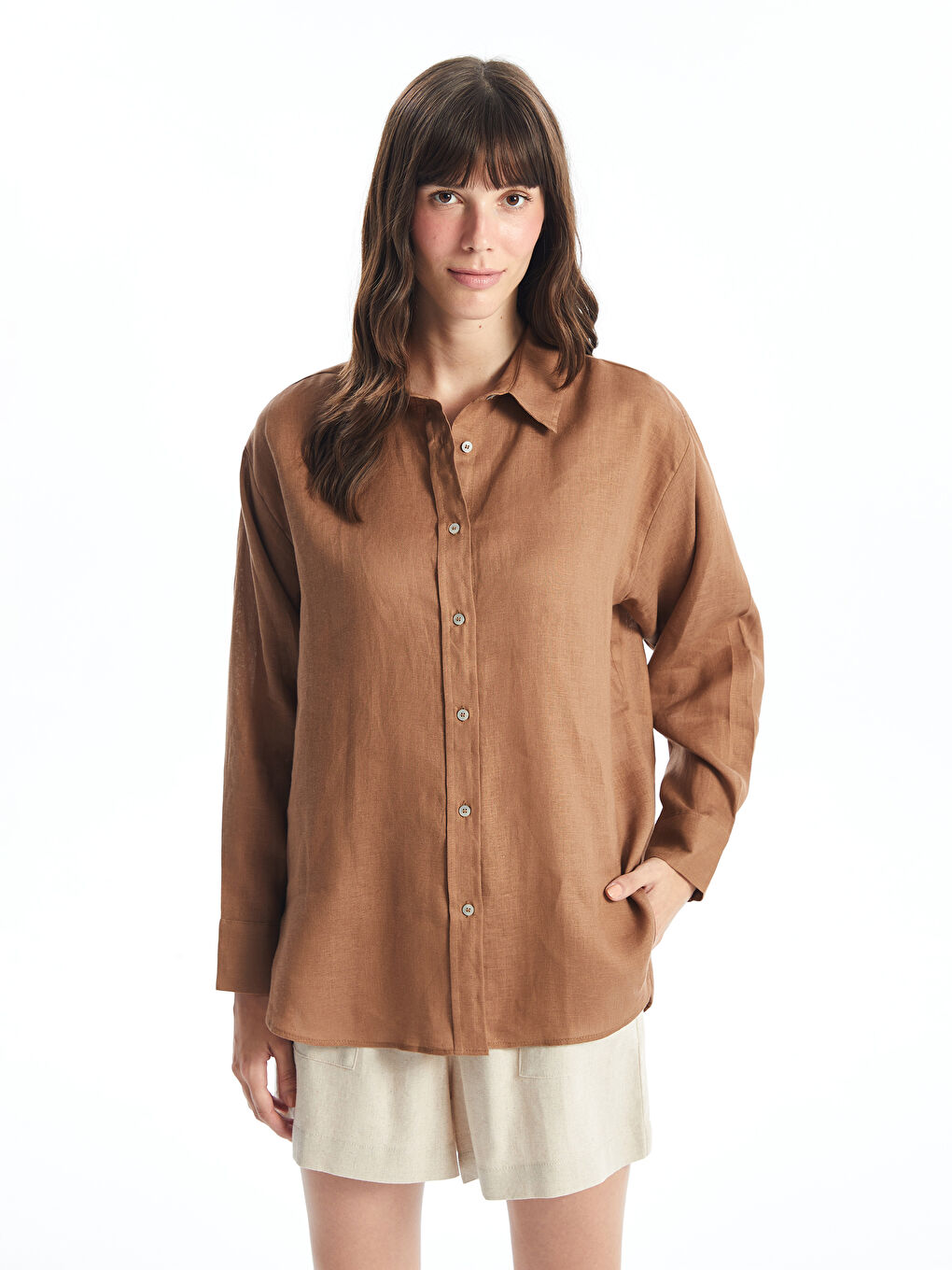 Plain Long Sleeve Oversize Linen Women's Shirt -S4IT66Z8-R1L