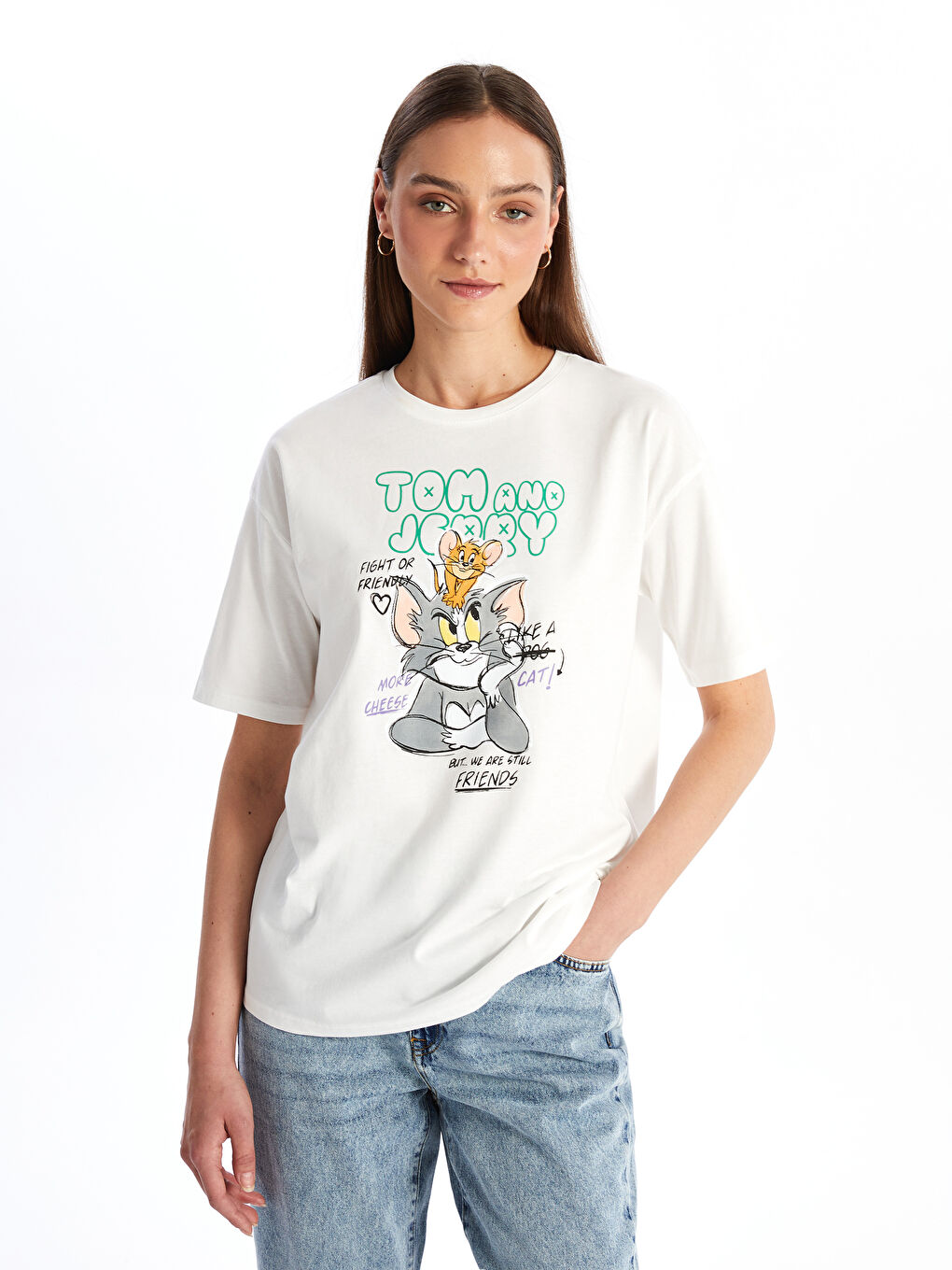 Beyaz Bisiklet Yaka Tom & Jerry Baskılı Kadın Tişört