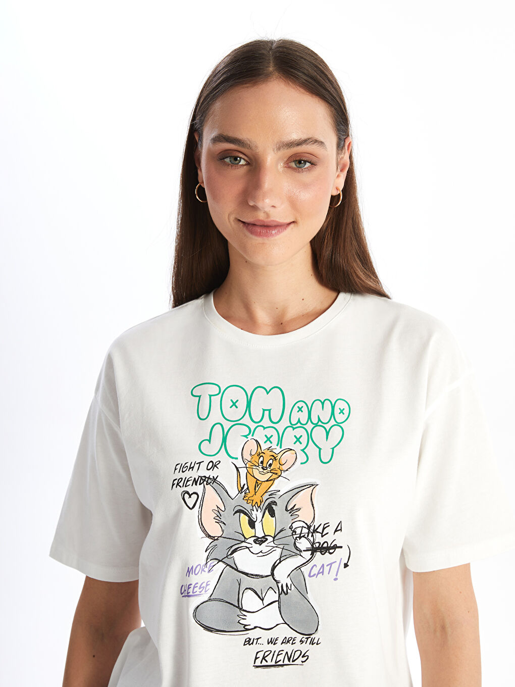 Beyaz Bisiklet Yaka Tom & Jerry Baskılı Kadın Tişört-2