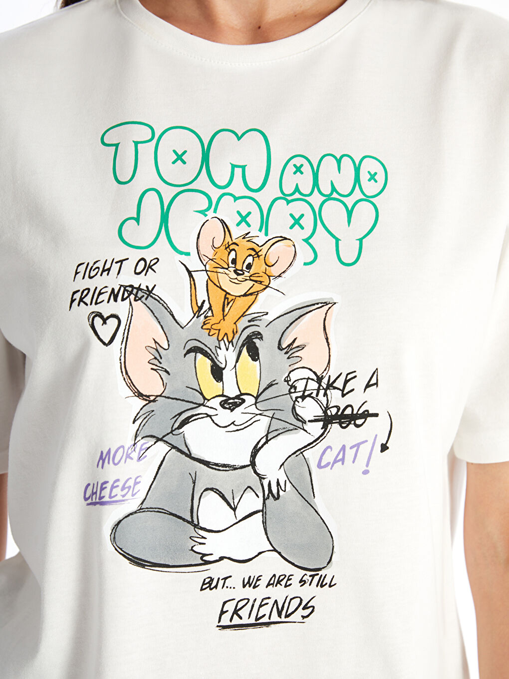 Beyaz Bisiklet Yaka Tom & Jerry Baskılı Kadın Tişört-3
