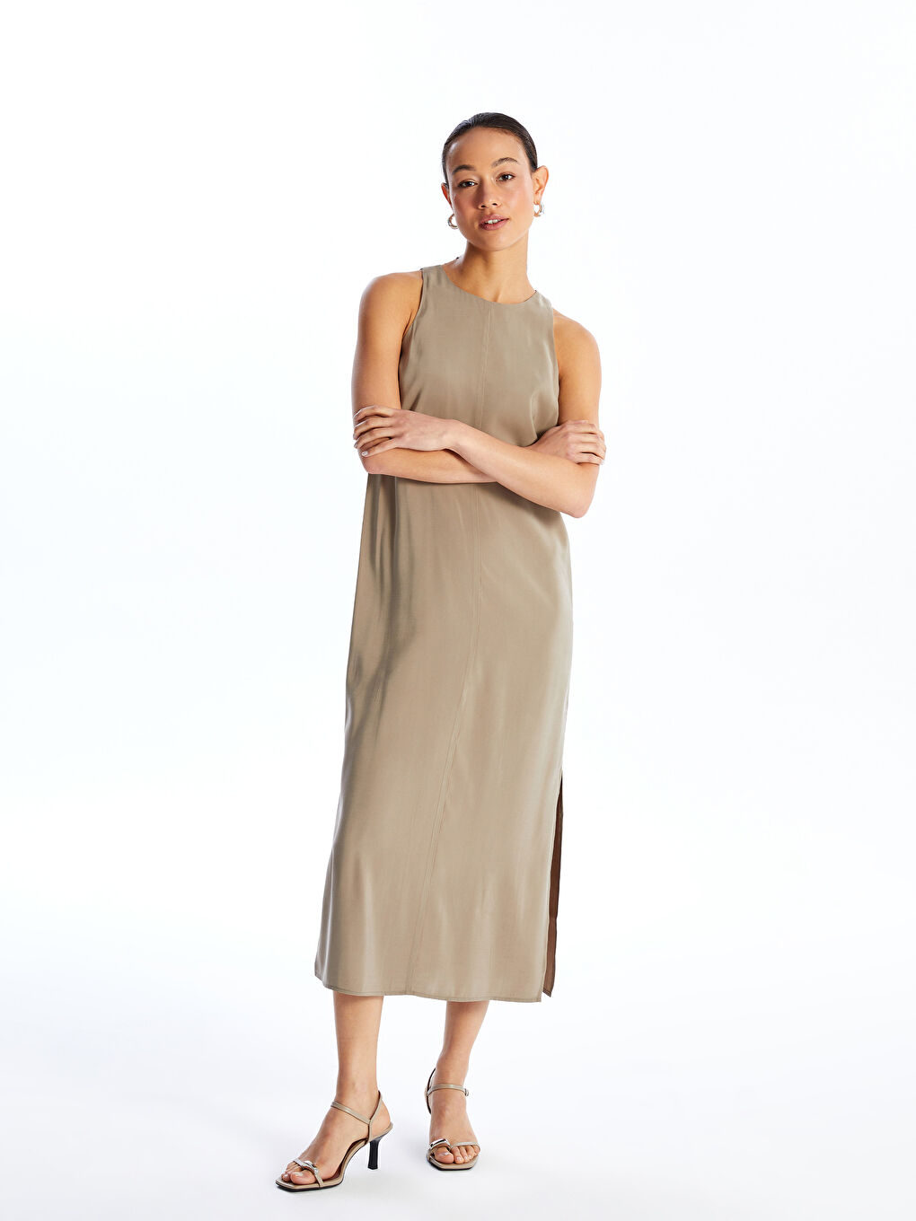 فستان سادة بياقة دائرية للسيدات-1