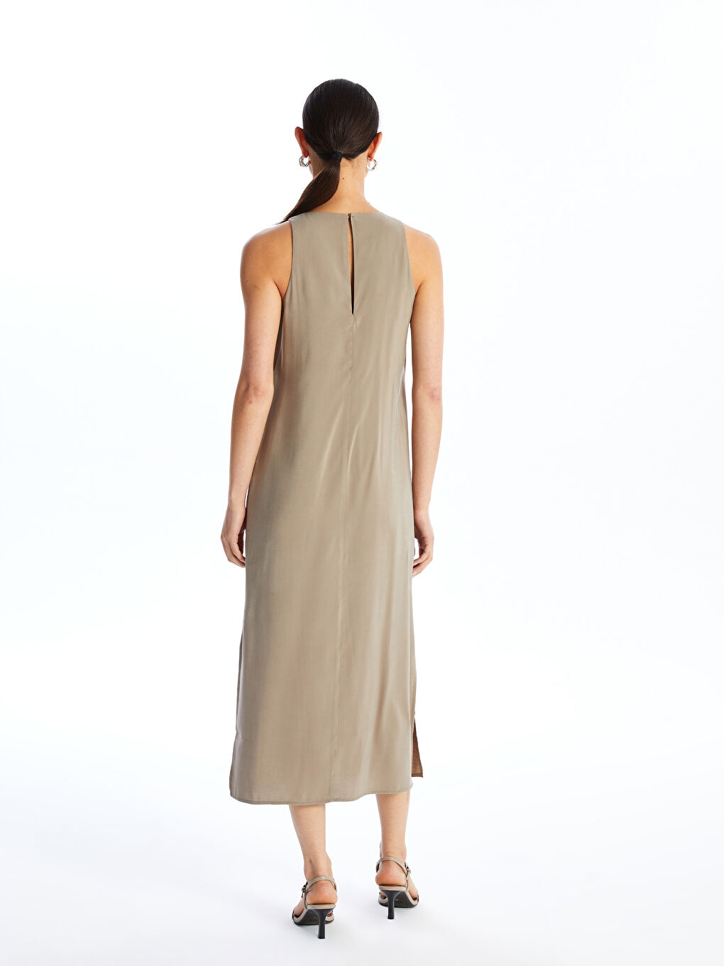 فستان سادة بياقة دائرية للسيدات-4