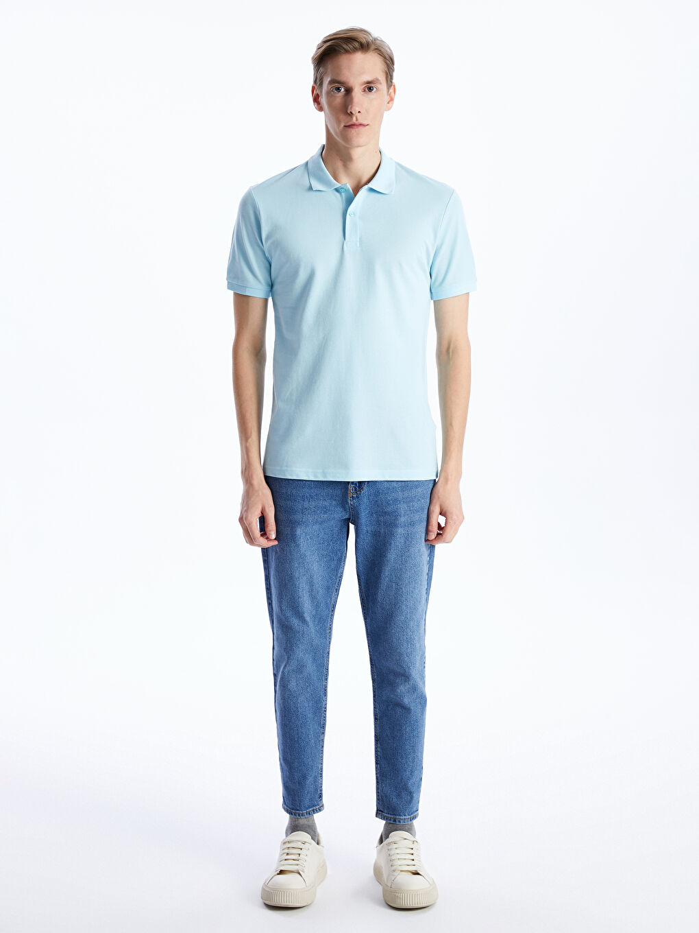 Mavi Polo Yaka Kısa Kollu Erkek Tişört-1