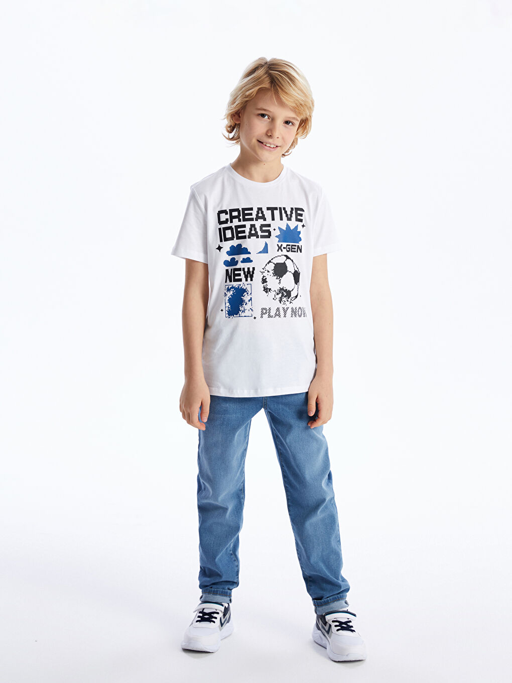 Beyaz Bisiklet Yaka Baskılı Kısa Kollu Erkek Çocuk Tişört-1