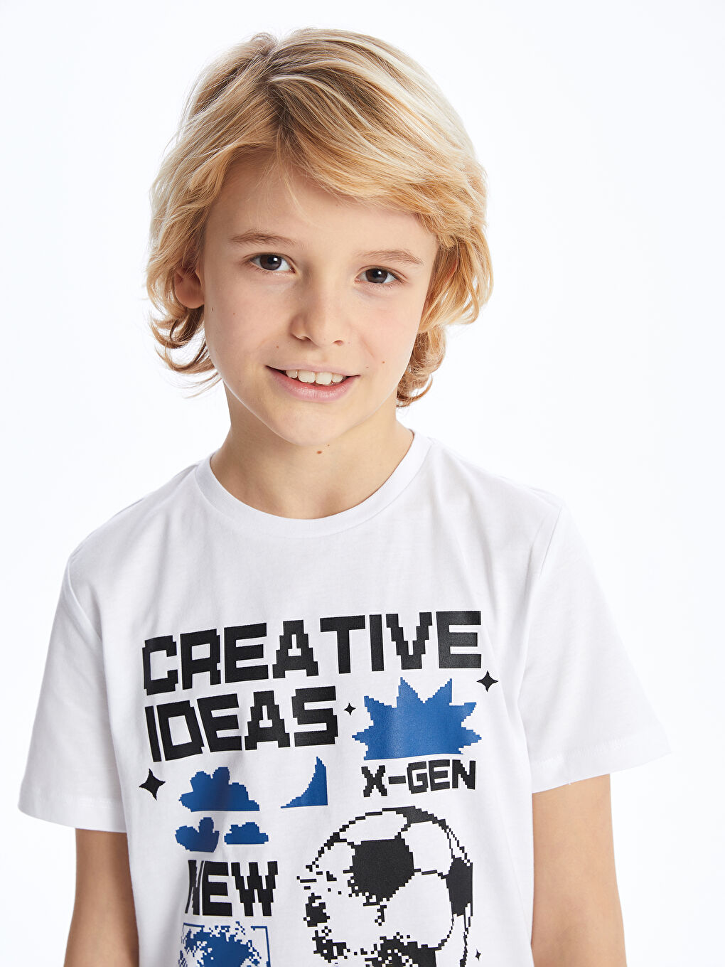 Beyaz Bisiklet Yaka Baskılı Kısa Kollu Erkek Çocuk Tişört-2