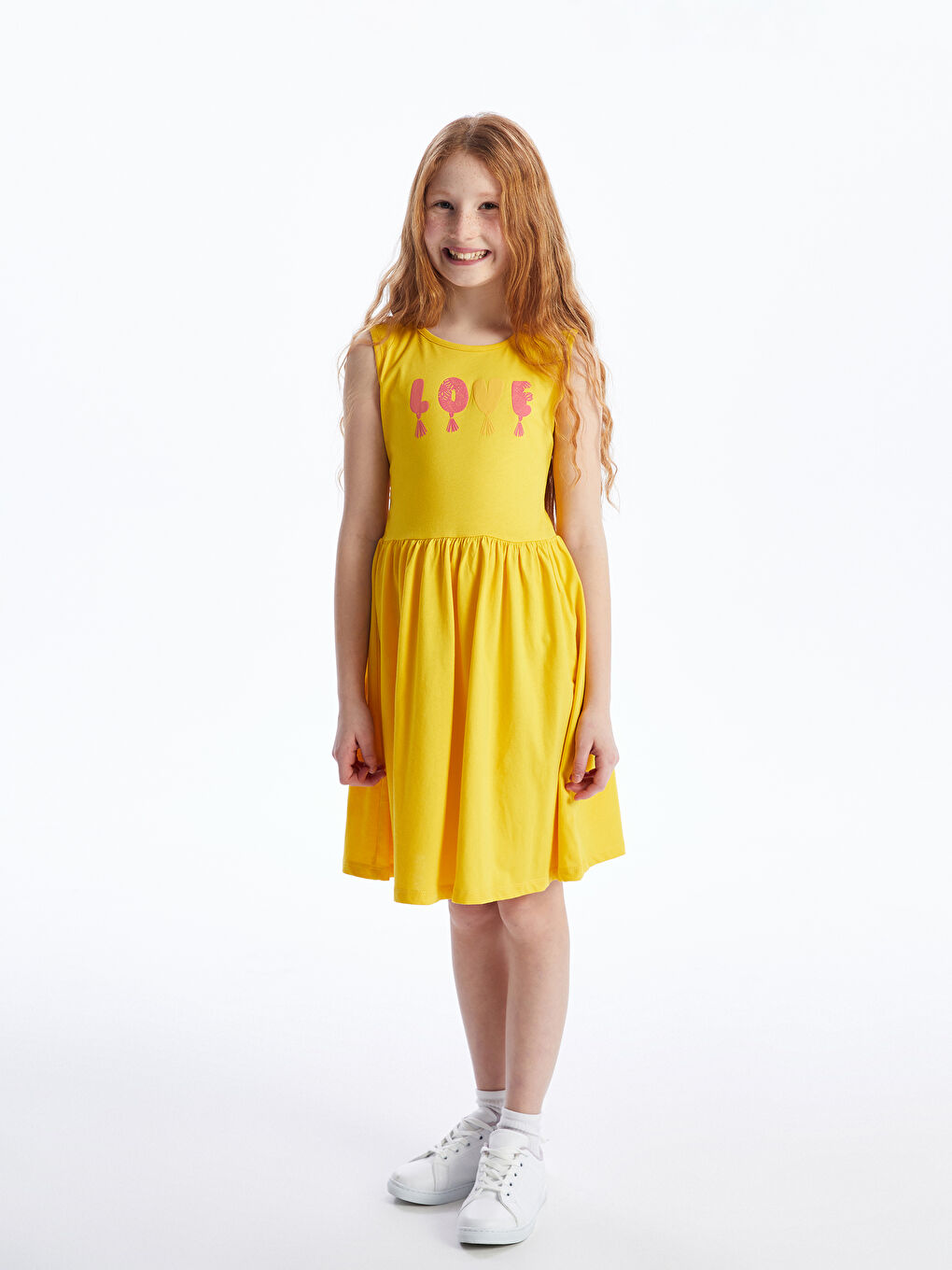 Sarı Bisiklet Yaka Baskılı Kız Çocuk Elbise