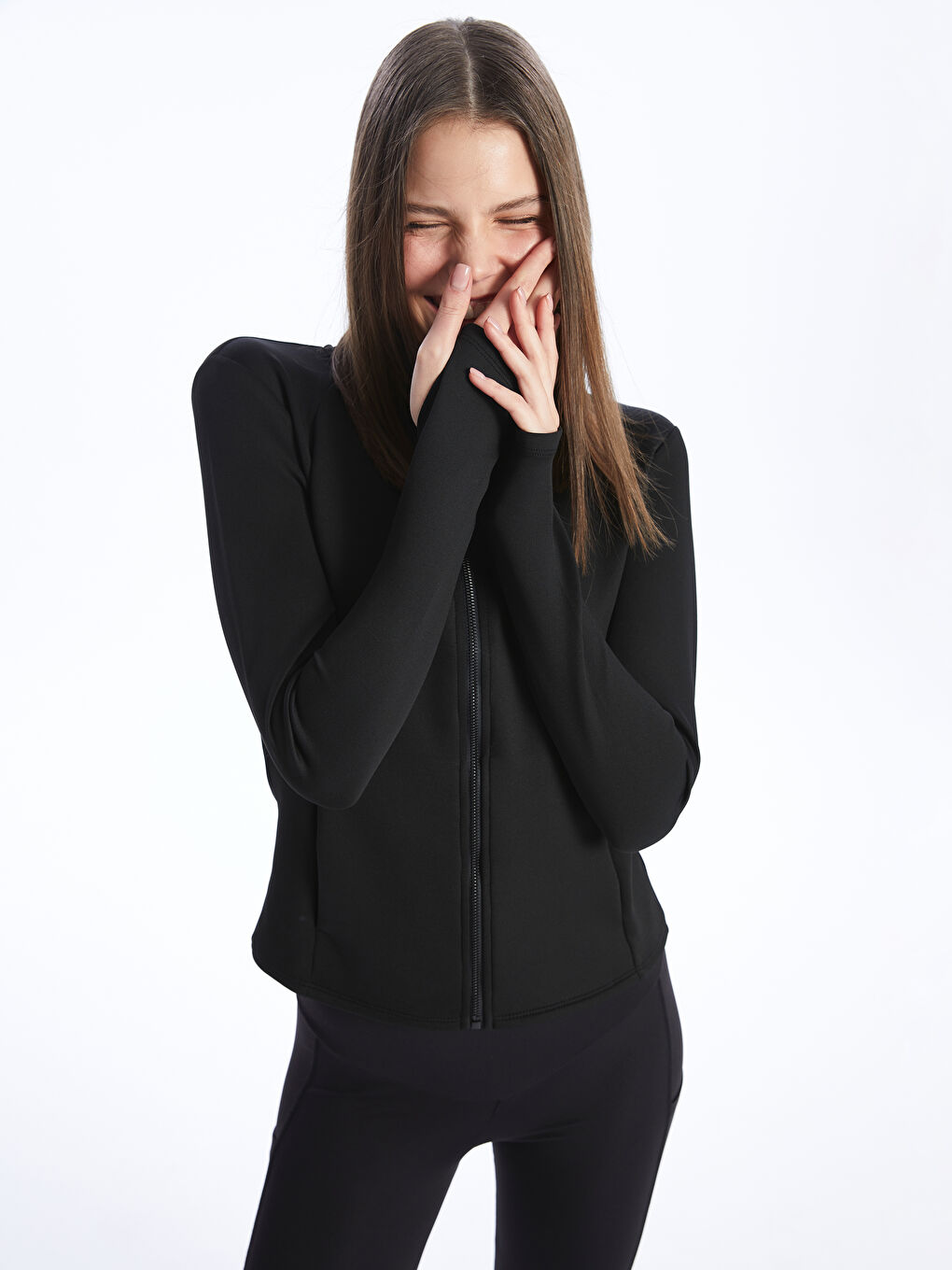 LCW ECO Siyah Kadın Dik Yaka Düz Fermuarlı Sweatshirt