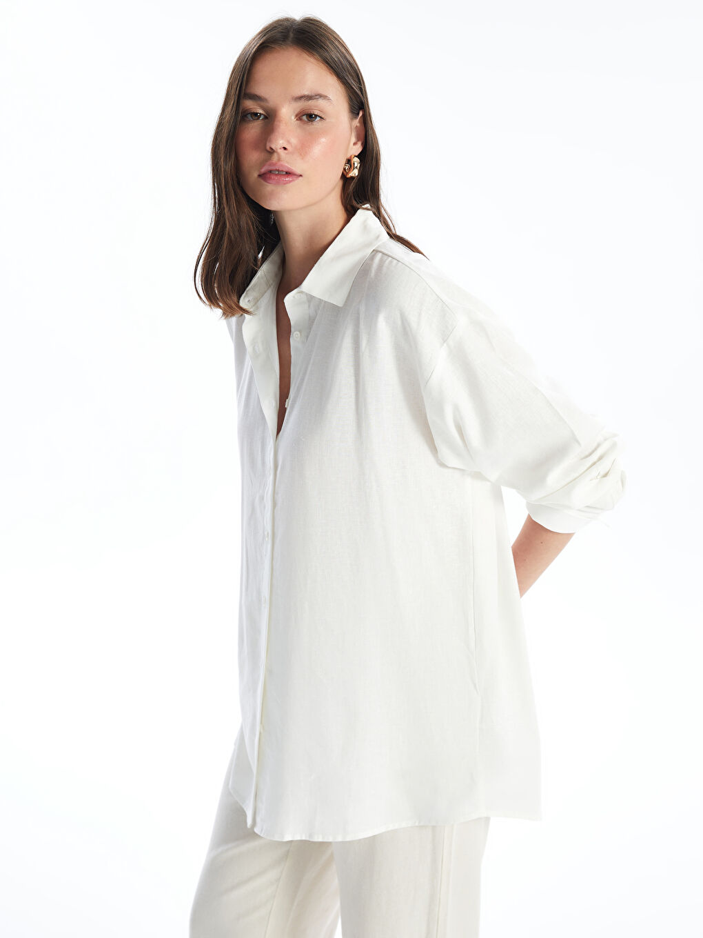 Plain Long Sleeve Linen Blend Women's Shirt -S4J111Z8-Q6K