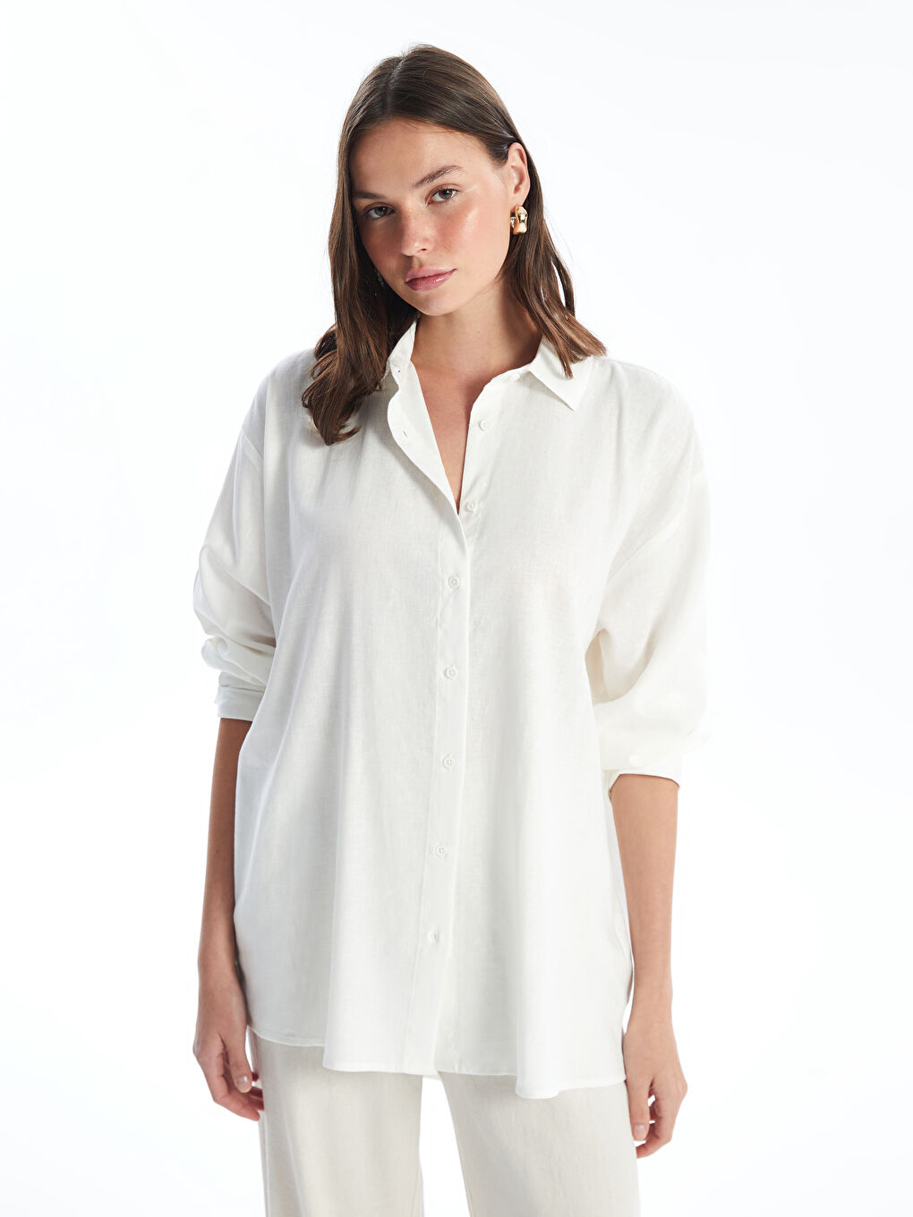 Plain Long Sleeve Linen Blend Women's Shirt -S4J111Z8-Q6K