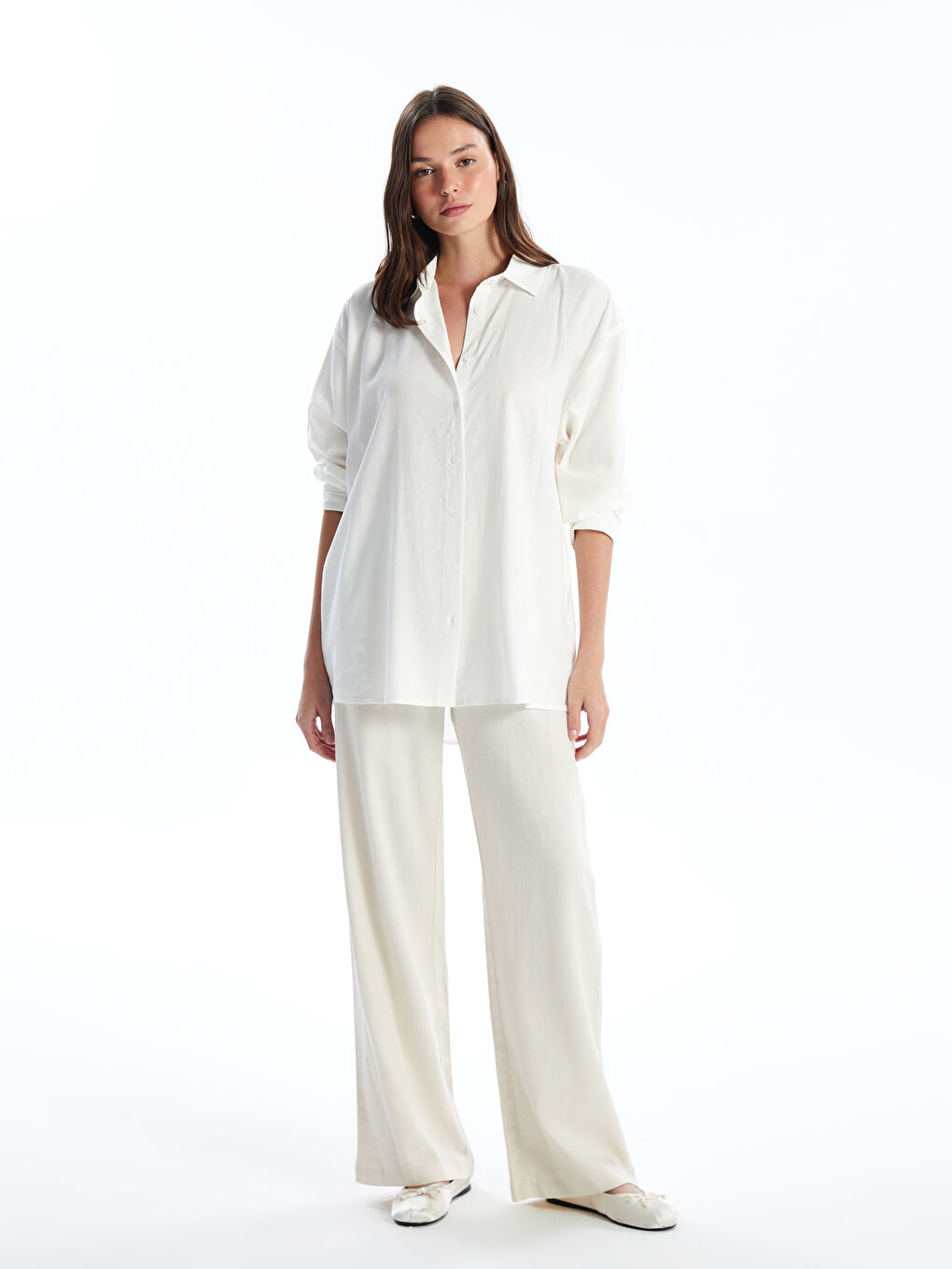 Plain Long Sleeve Linen Blend Women's Shirt -S4J111Z8-Q6K