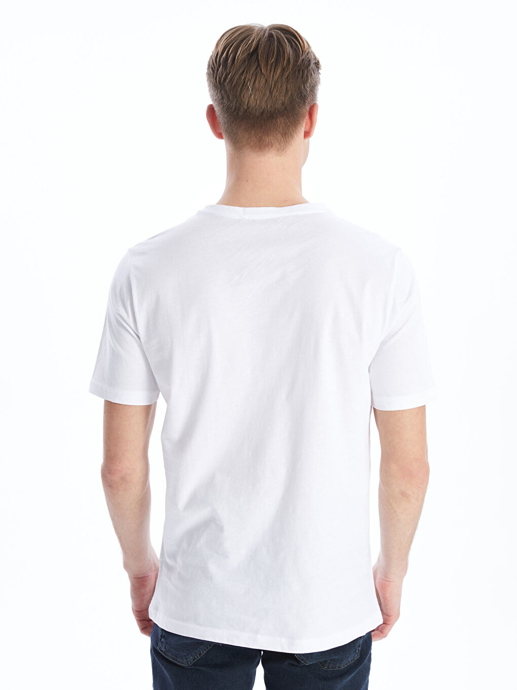 Beyaz V Yaka Kısa Kollu Erkek Tişört-4