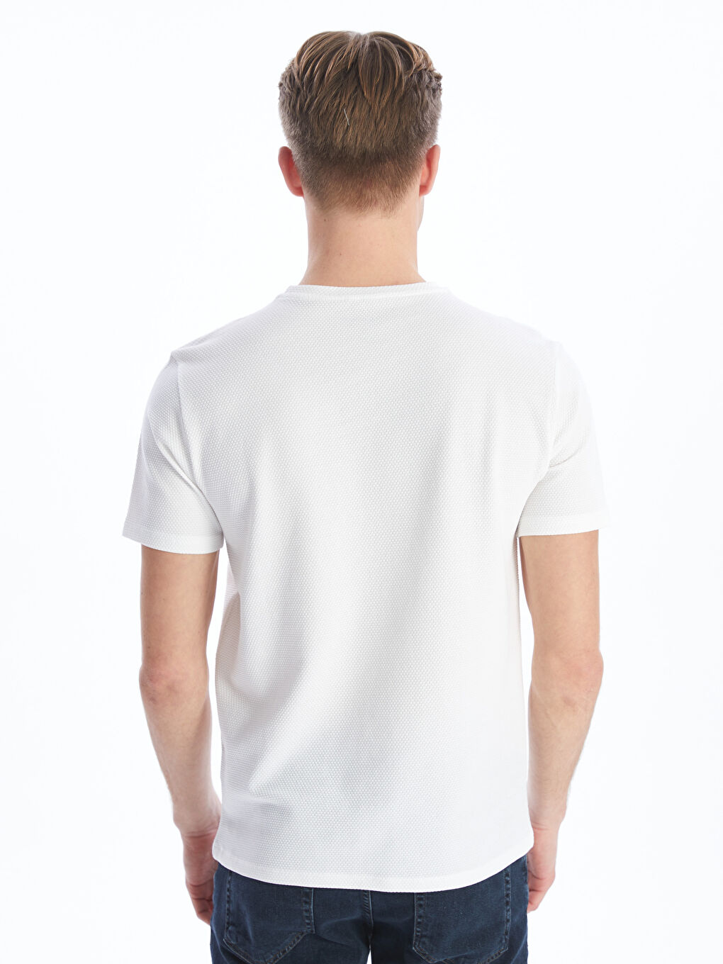 Ekru Bisiklet Yaka Kısa Kollu Erkek Dokulu Tişört-4