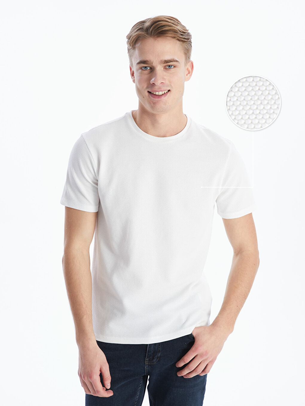 Ekru Bisiklet Yaka Kısa Kollu Erkek Dokulu Tişört