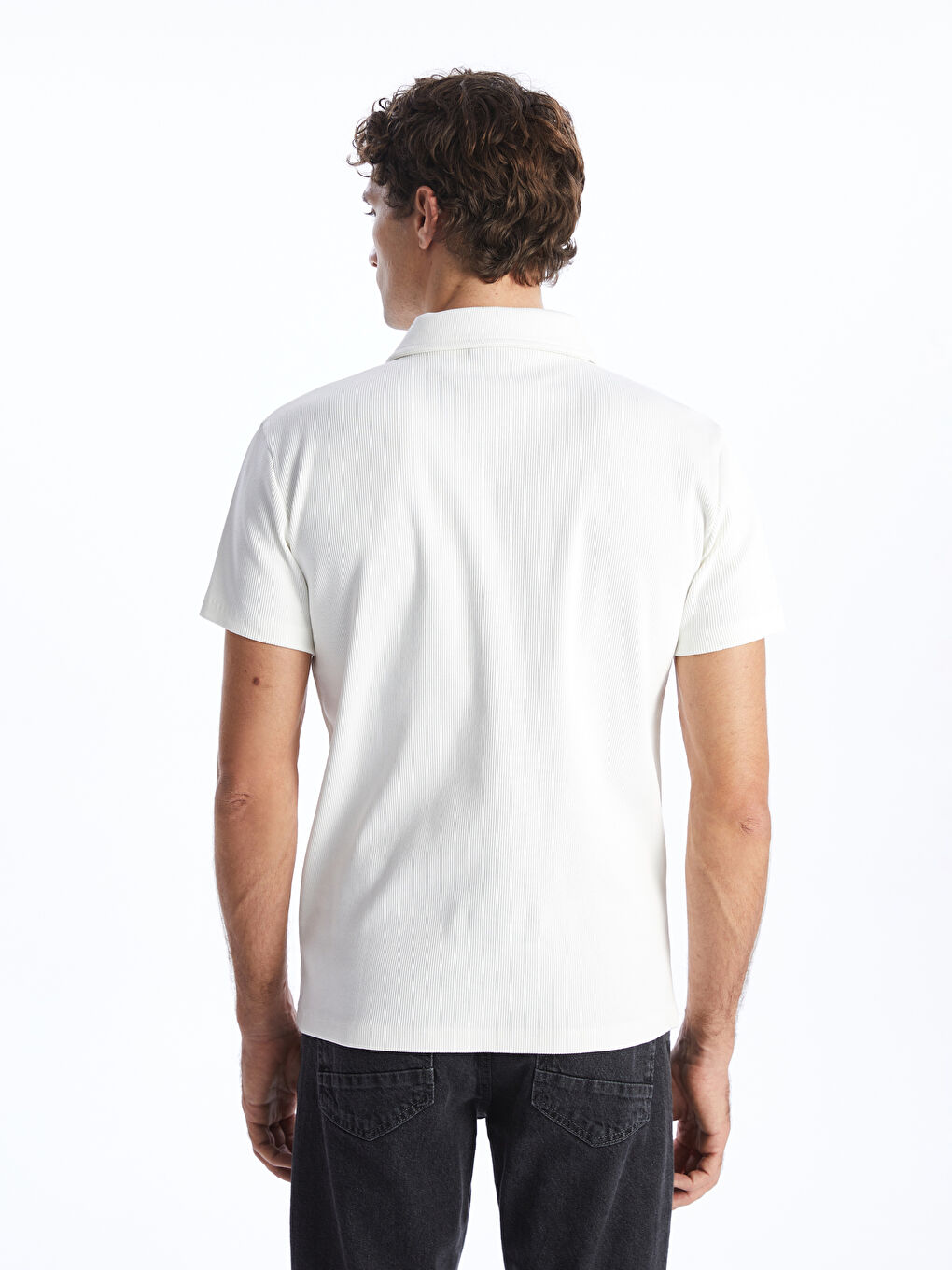 Beyaz Polo Yaka Kısa Kollu Erkek Tişört-4