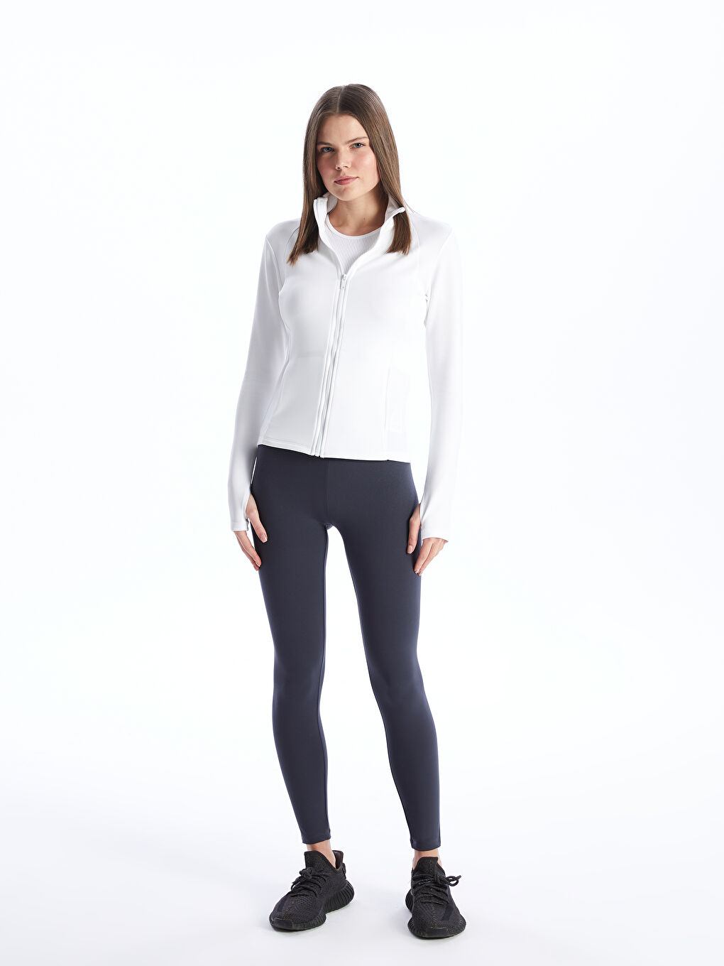 Ekru Kadın Dik Yaka Düz Fermuarlı Sweatshirt-2