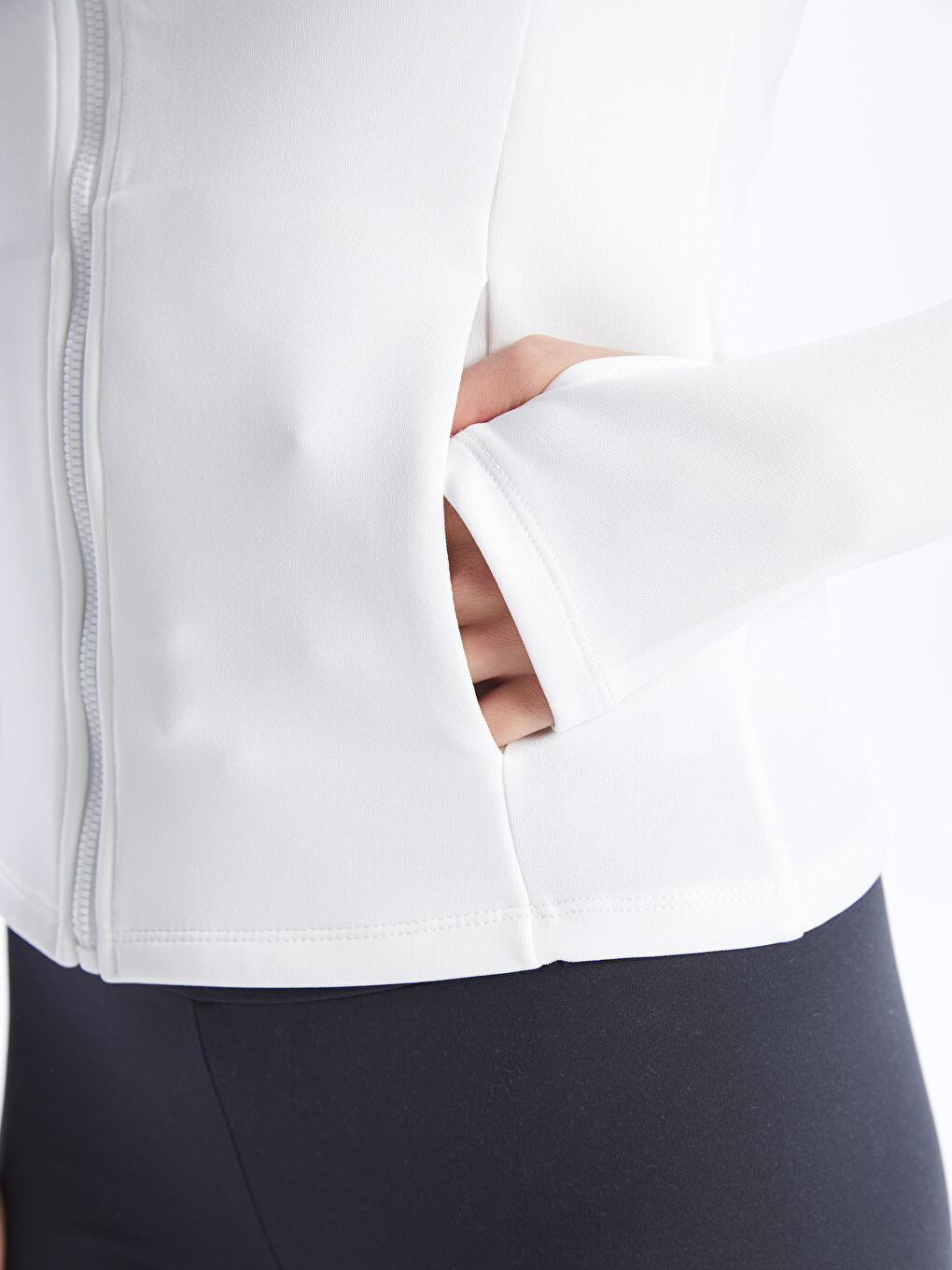 Ekru Kadın Dik Yaka Düz Fermuarlı Sweatshirt-3