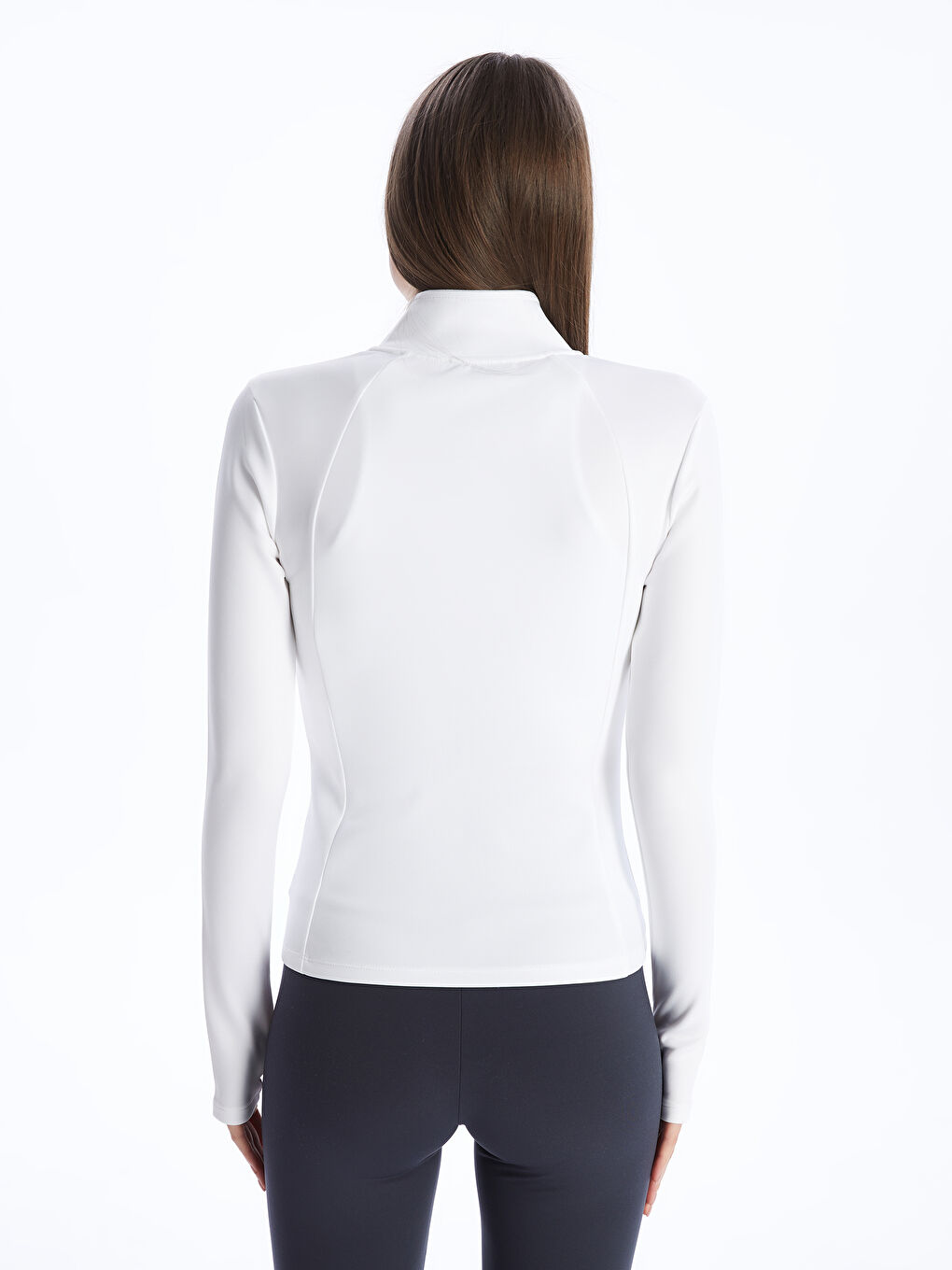 Ekru Kadın Dik Yaka Düz Fermuarlı Sweatshirt-4