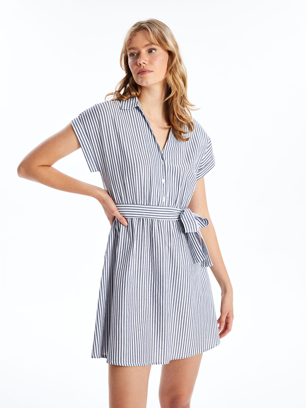 LC Waikiki Striped Short Sleeve Women's Shirt Dress -S4J157Z8-LEN