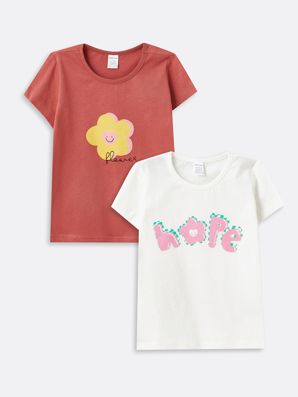 Beyaz Bisiklet Yaka Baskılı Kız Bebek Tişört 2'li-1