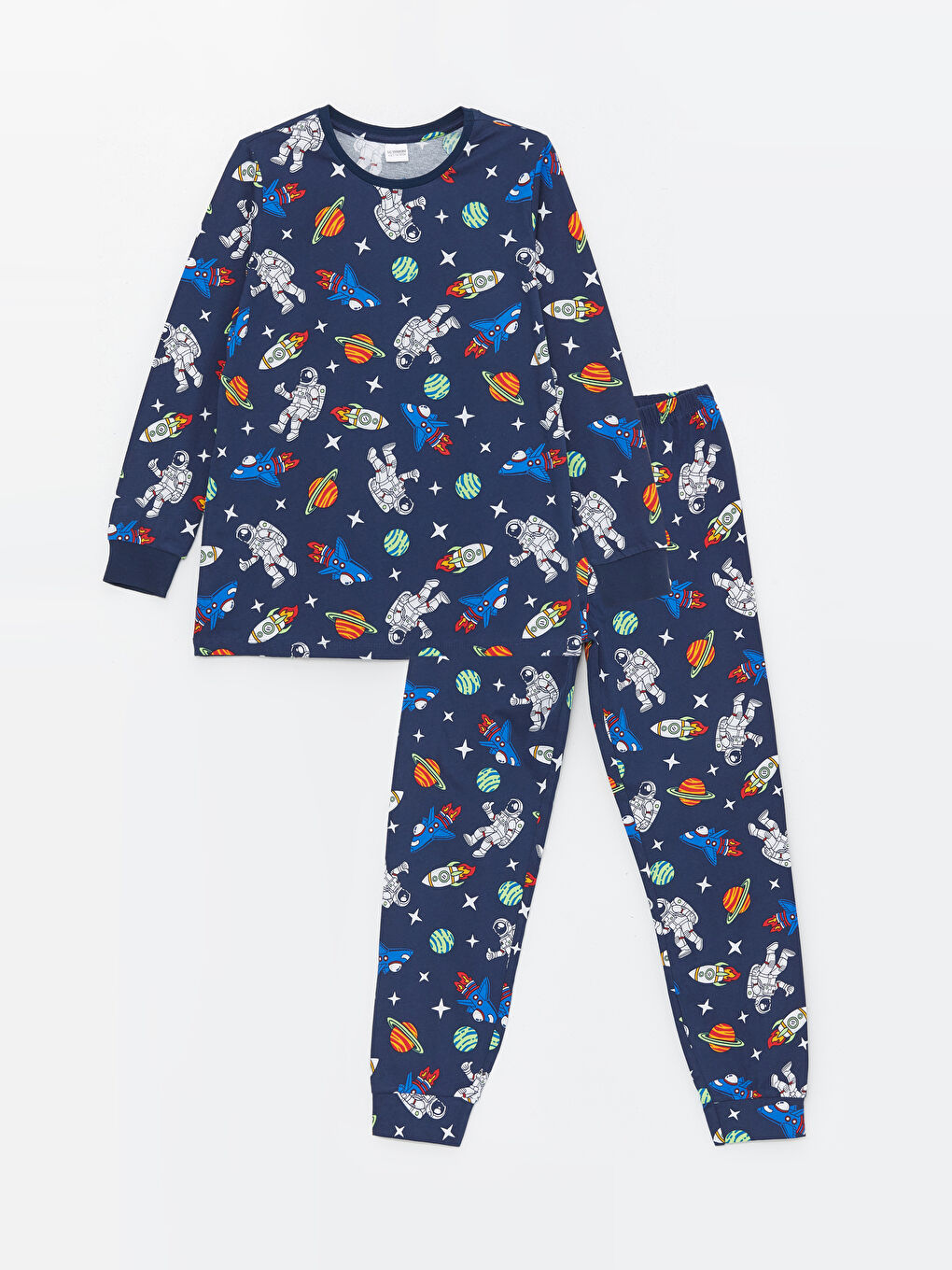 Lacivert Bisiklet Yaka Baskılı Uzun Kollu Erkek Çocuk Pijama Takımı-2
