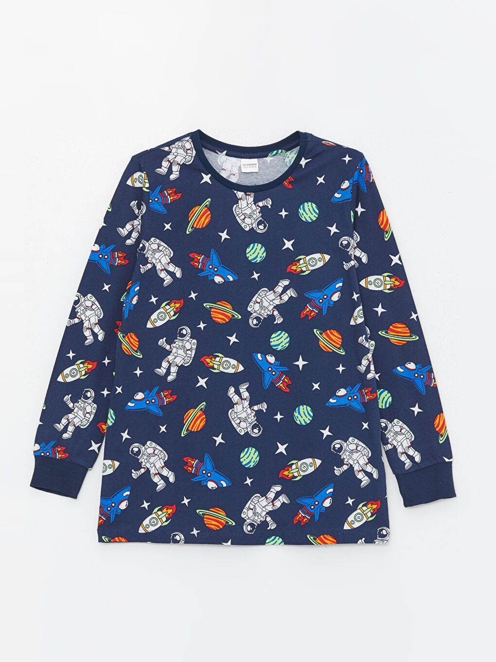 Lacivert Bisiklet Yaka Baskılı Uzun Kollu Erkek Çocuk Pijama Takımı-3