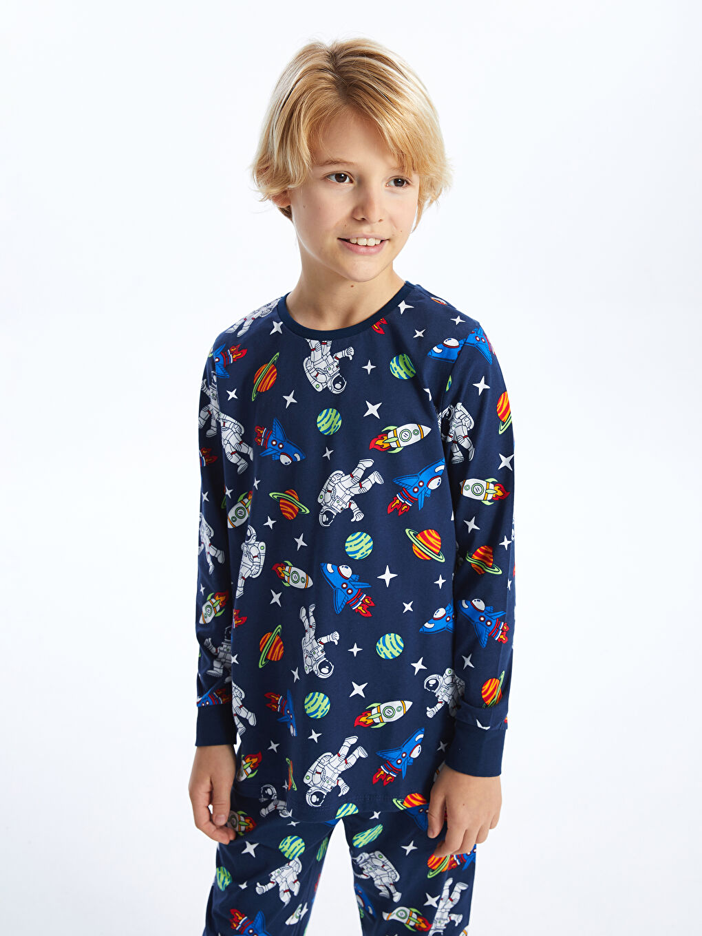 Lacivert Bisiklet Yaka Baskılı Uzun Kollu Erkek Çocuk Pijama Takımı