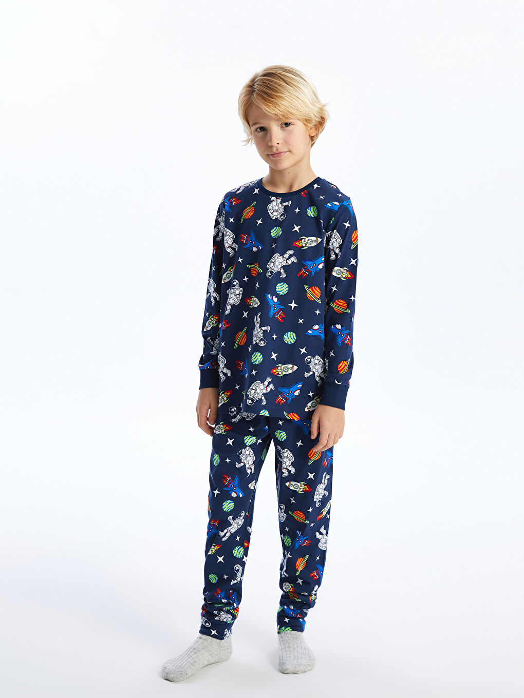 Lacivert Bisiklet Yaka Baskılı Uzun Kollu Erkek Çocuk Pijama Takımı-1