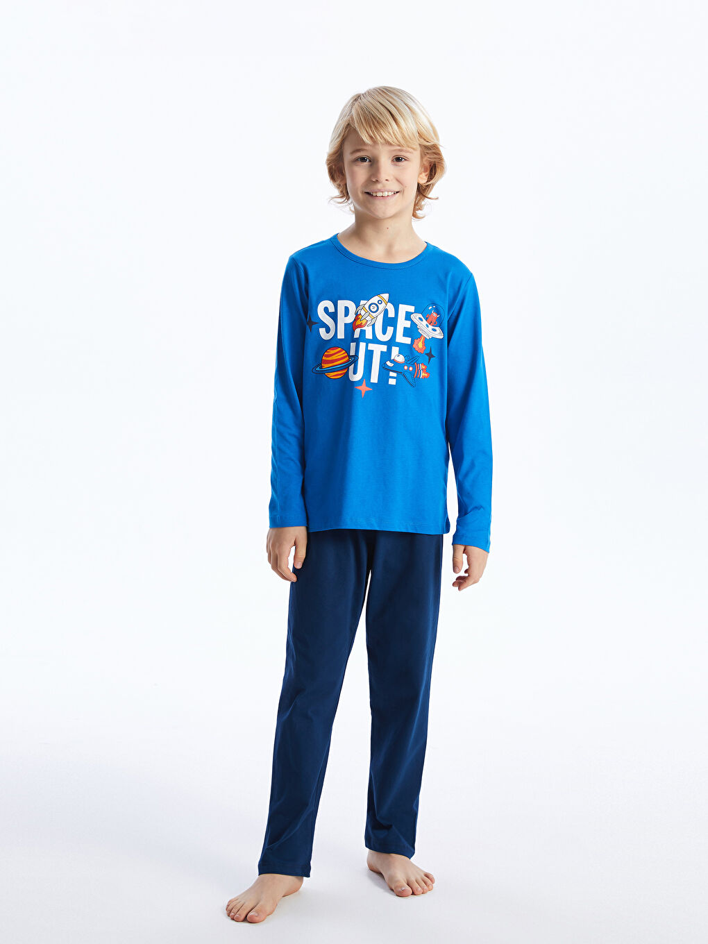Mavi Bisiklet Yaka Baskılı Uzun Kollu Erkek Çocuk Pijama Takımı