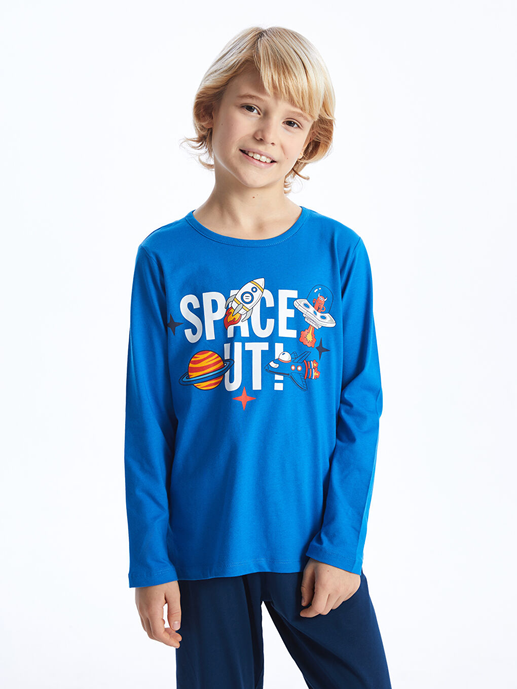 Mavi Bisiklet Yaka Baskılı Uzun Kollu Erkek Çocuk Pijama Takımı-2