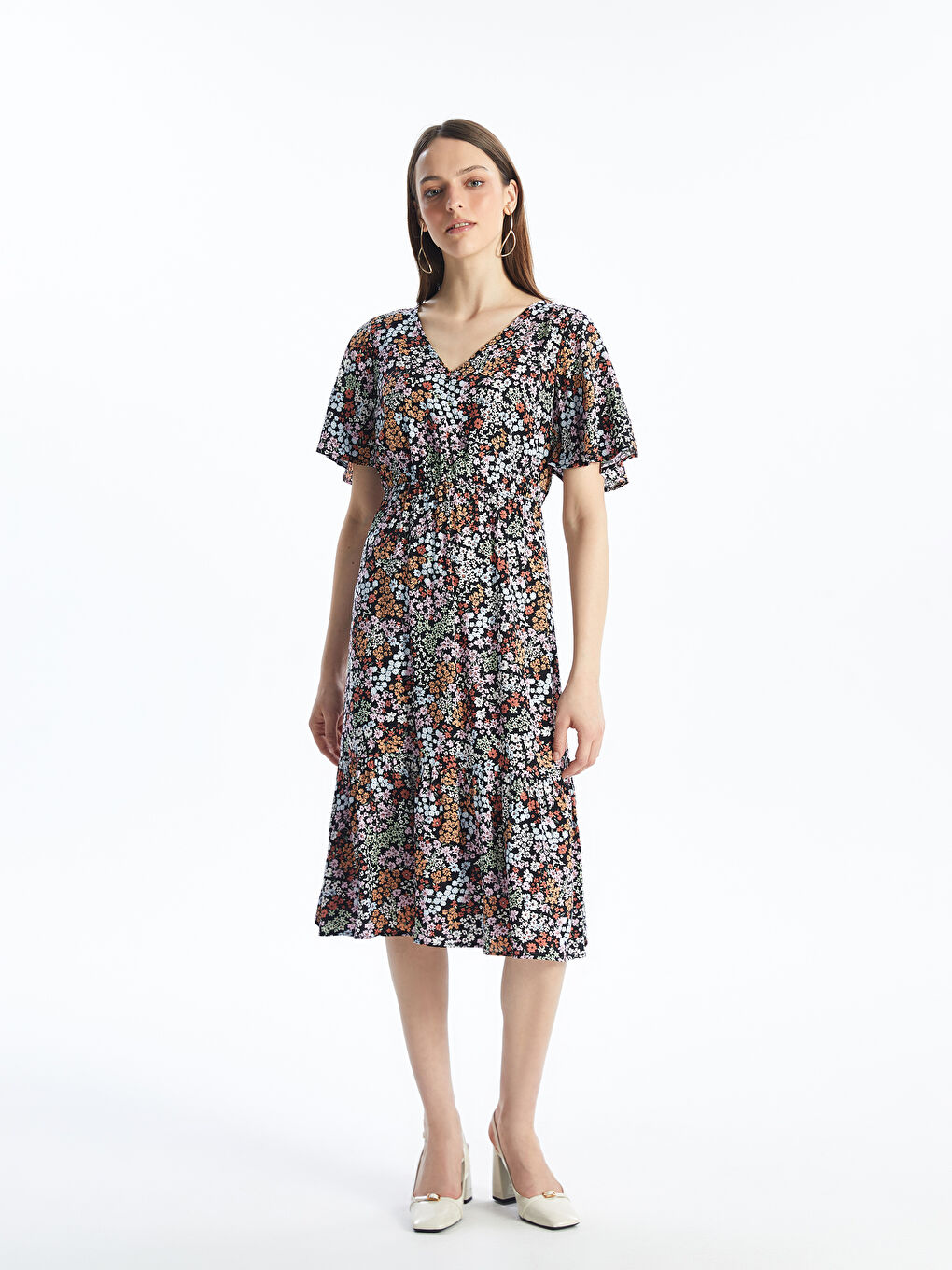 LCWAIKIKI Classic V-Ausschnitt Blumiges Kurzarmkleid für Damen -S4J414Z8-LQJ