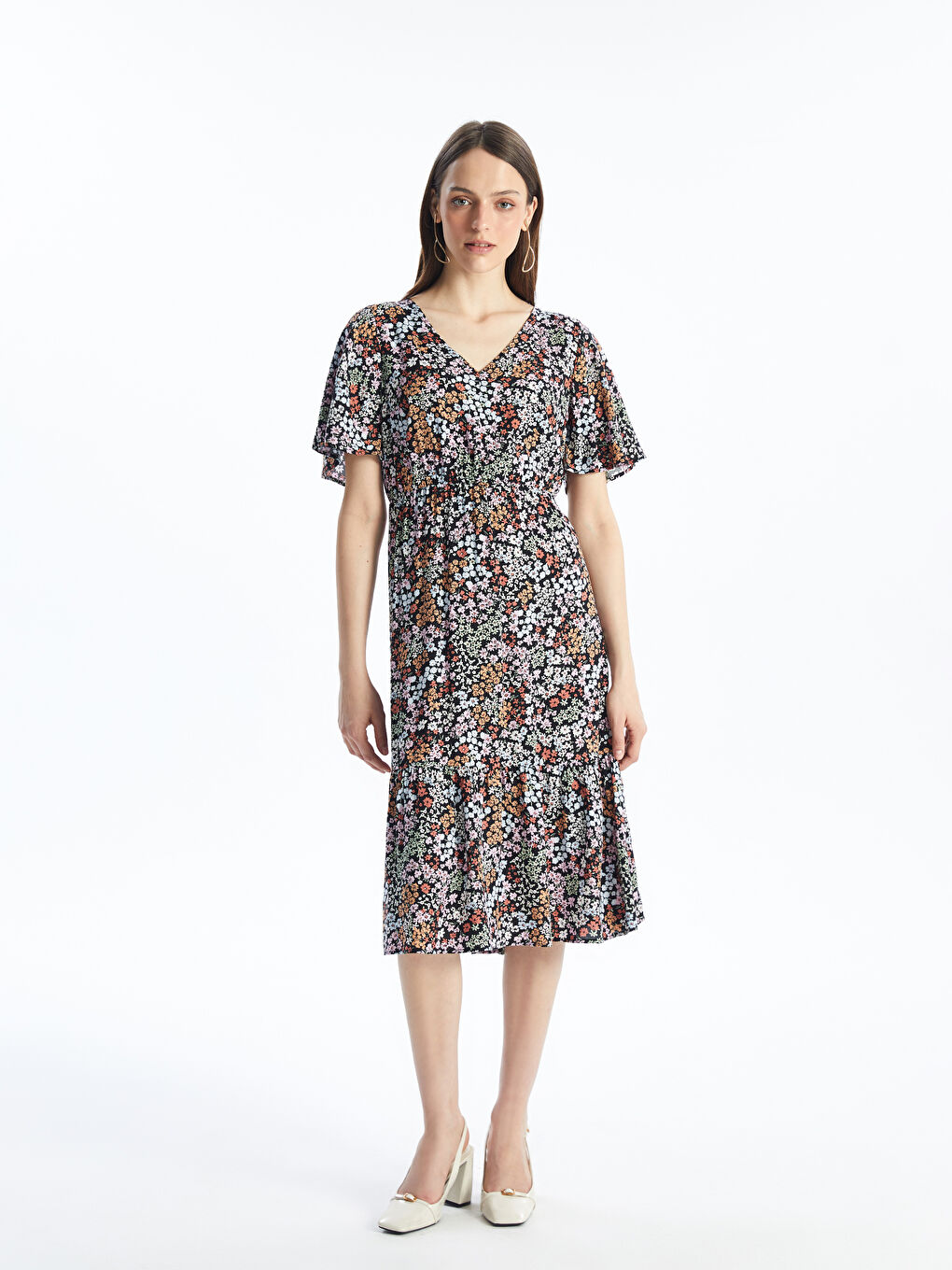 LCWAIKIKI Classic V-Ausschnitt Blumiges Kurzarmkleid für Damen -S4J414Z8-LQJ