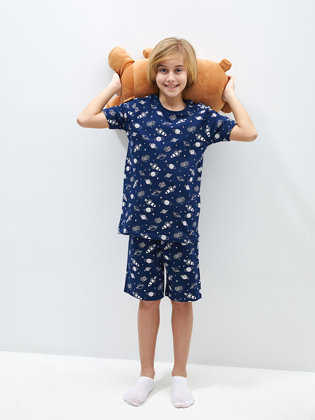 Lacivert Bisiklet Yaka Baskılı Kısa Kollu Erkek Çocuk Şortlu Pijama Takımı-1