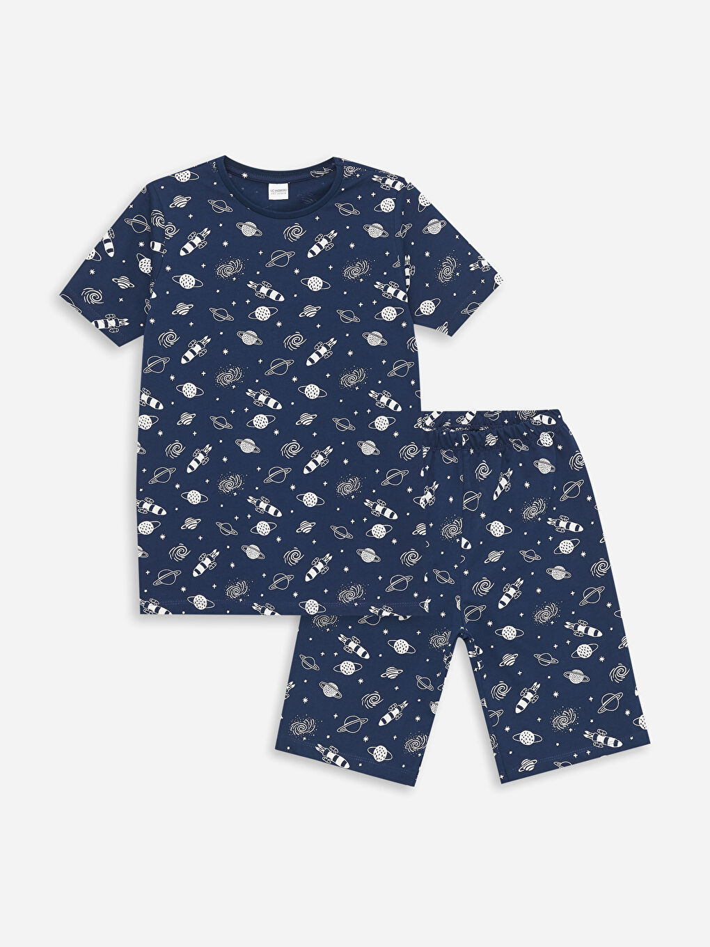 Lacivert Bisiklet Yaka Baskılı Kısa Kollu Erkek Çocuk Şortlu Pijama Takımı-2