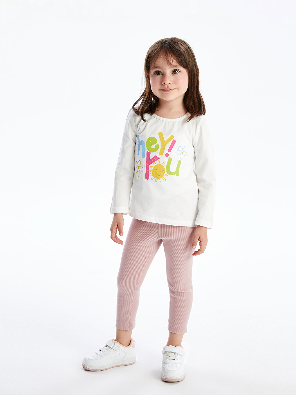 Beyaz Bisiklet Yaka Uzun Kollu Baskılı Kız Bebek Tişört  ve Tayt 2'li