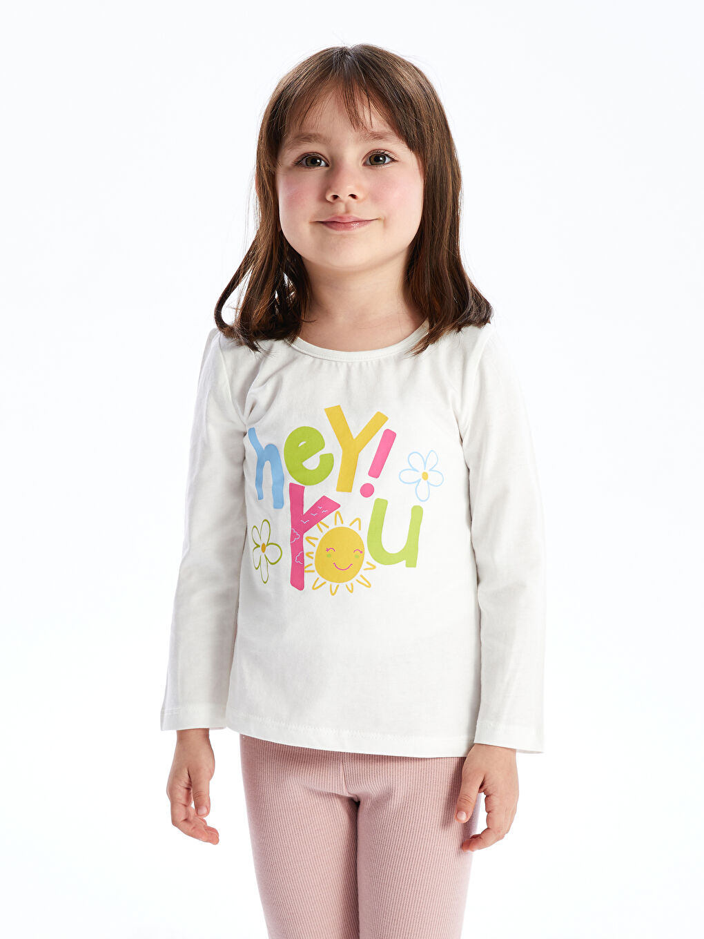 Beyaz Bisiklet Yaka Uzun Kollu Baskılı Kız Bebek Tişört  ve Tayt 2'li-1