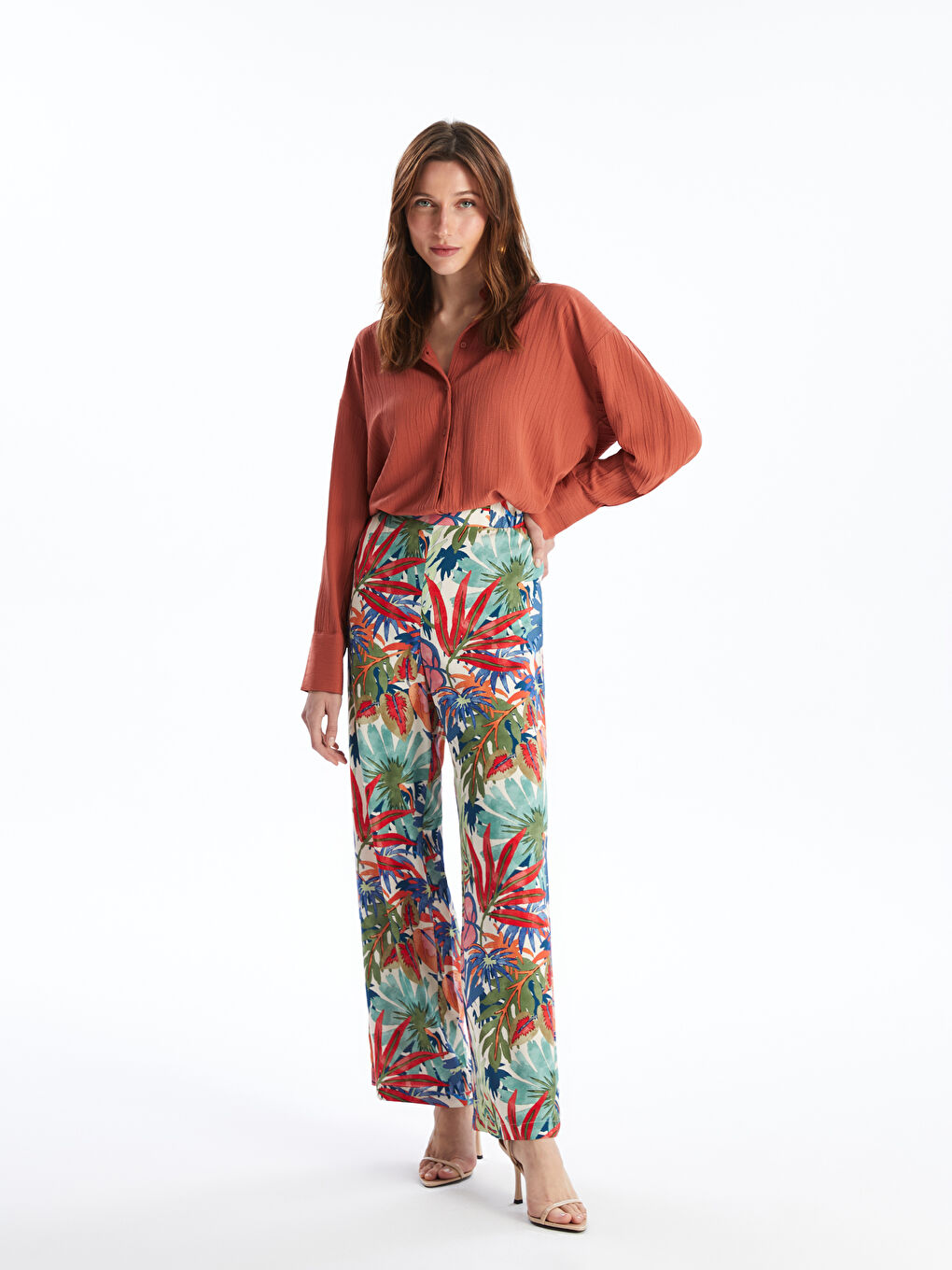 Elasticated Waist Patterned Women's Palazzo Trousers -S4J600Z8-LT9